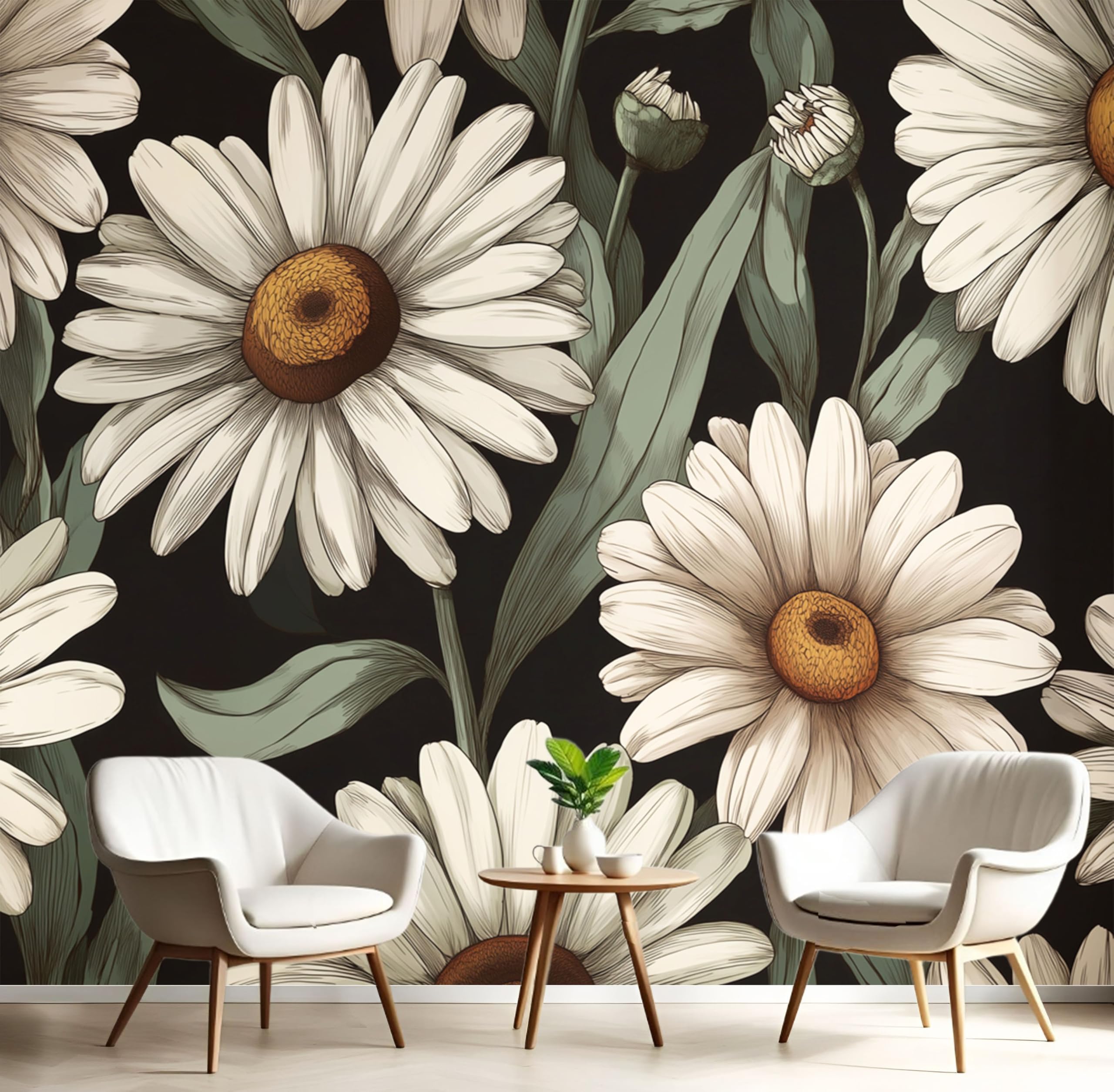 Papier peint panoramique marguerite pour rompre la monotonie d'un mur beige