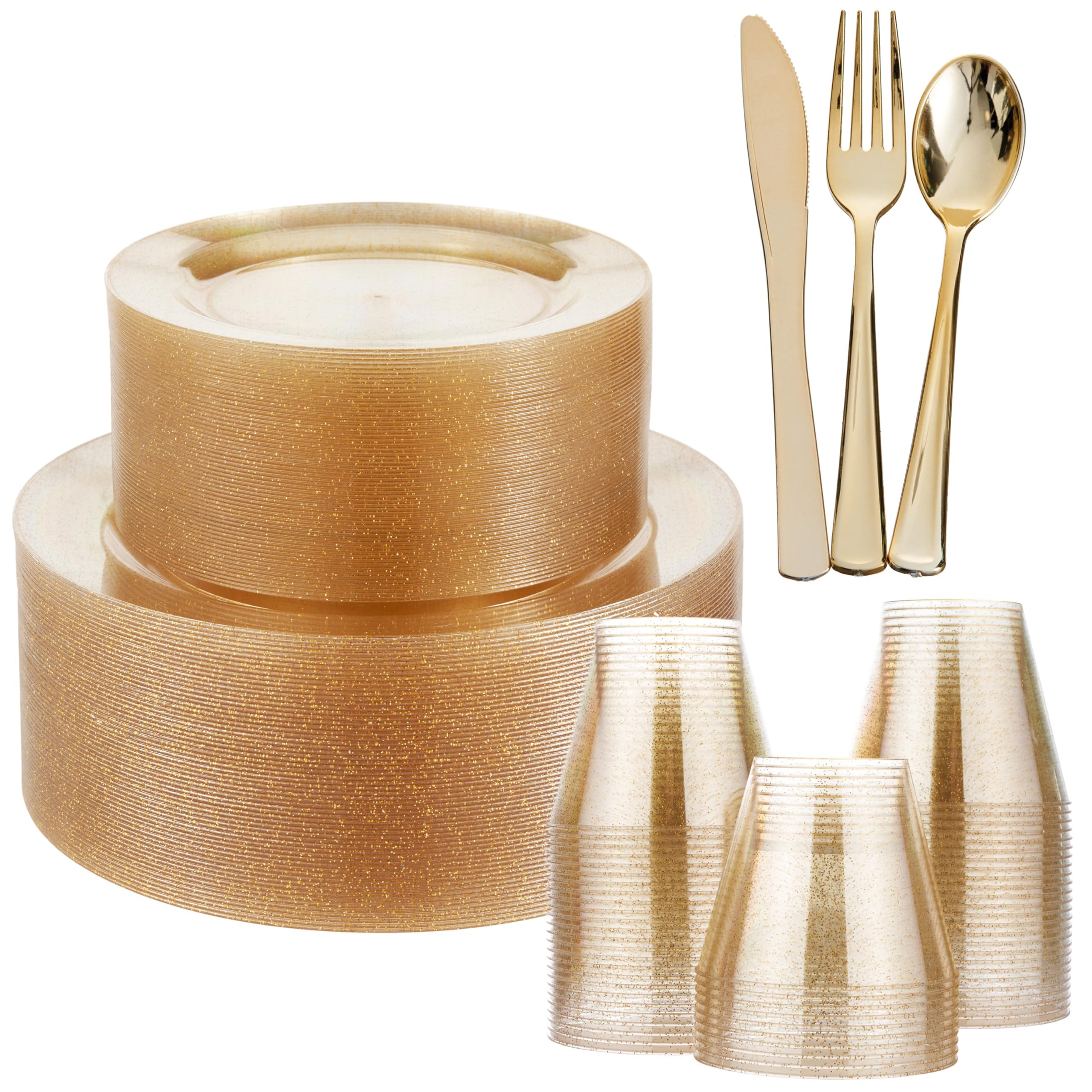 MATANA 360 Pcs Reusable Gold Plastic Dinnerware Set for 60 Guests - 60 Dinner & 60 Dessert Plates, 60 Cups, 180 Cutlery Set (60 Knives, 60 Forks & 60 Spoons) - for Weddings, Parties โ image 1