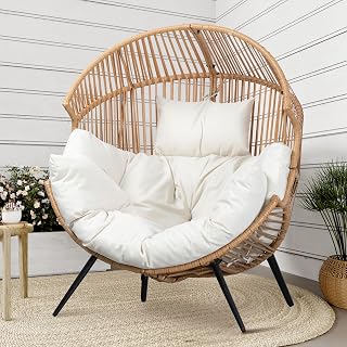 Shintenchi Wicker Egg Chair with Cushions - Oversized Rattan Patio Lounge for Indoor Outdoor, 450lb Capacity Beige
