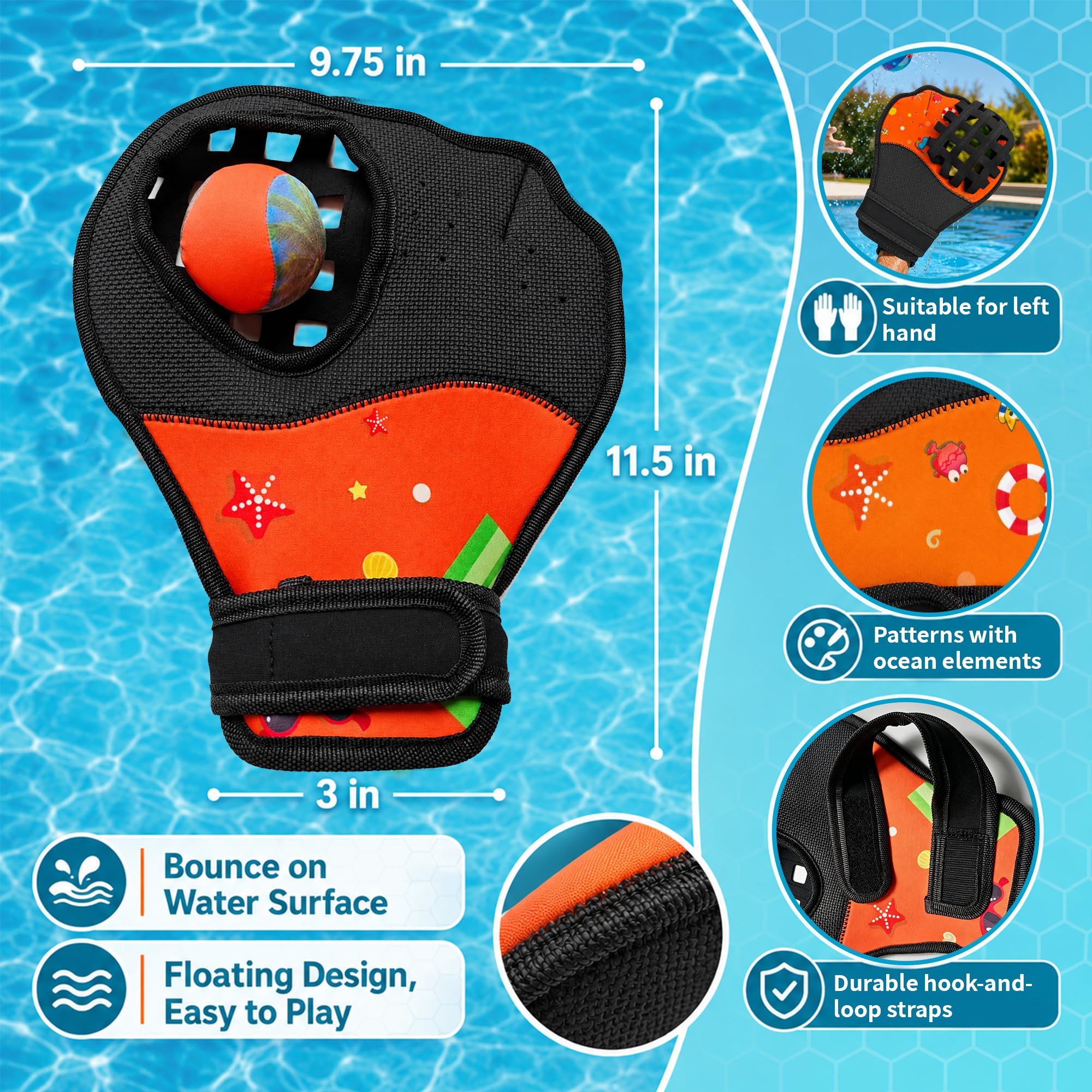 Water Bounce Ball Fanghandschuh-Set, schwimmendes Wurf- und Fang-Poolspiel mit 2 Fanghandschuhen und 1 Wasser-Bounce Ball, Strand und See Outdoor Sommer Familienspielzeug