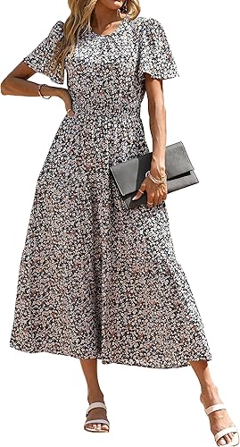 PRETTYGARDEN - Vestido largo casual de verano para mujer, manga corta, con vuelo, cuello redondo, cintura fruncida, escalonado, bohemio, floral,