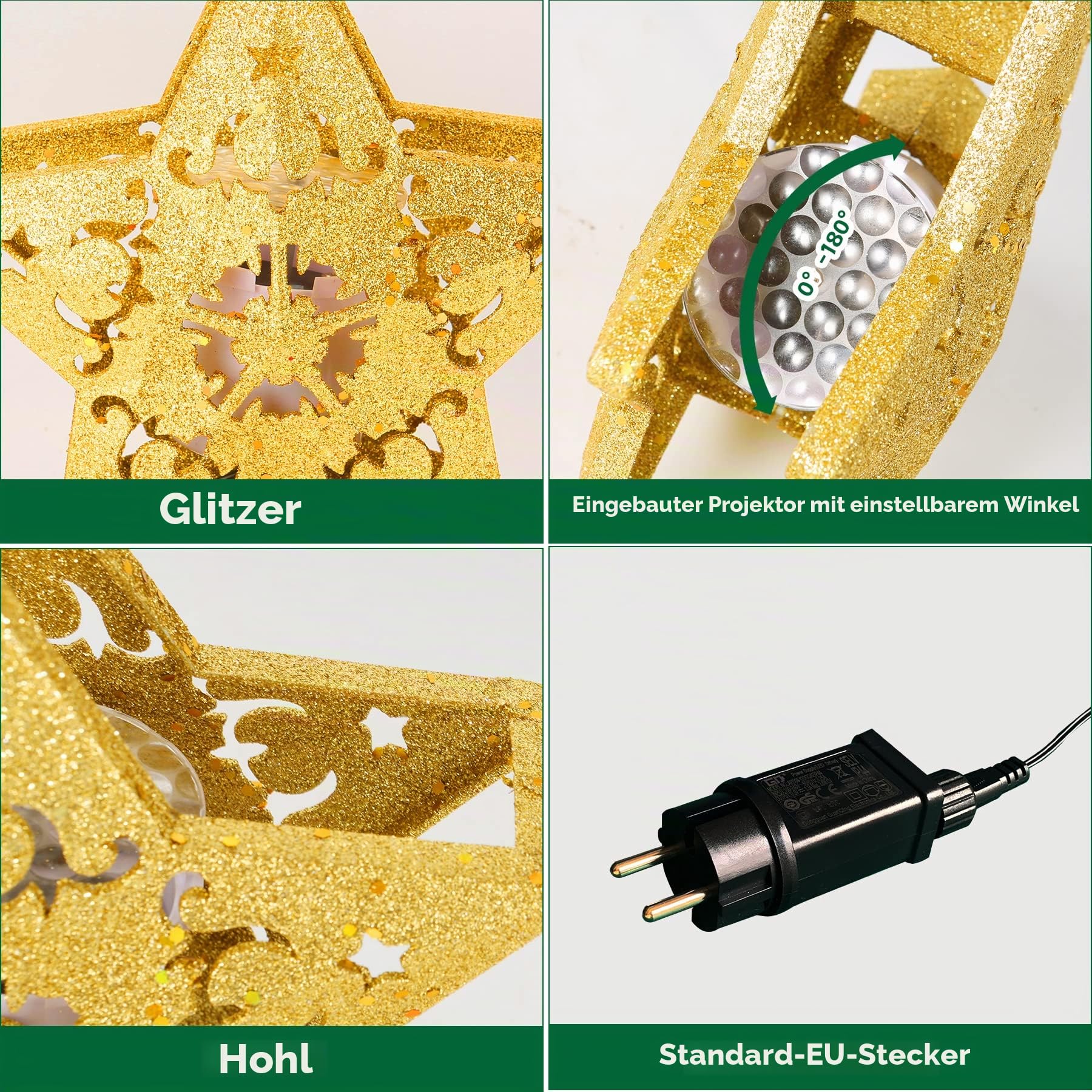 Stern Weihnachtsbaumspitze Christbaumspitze Beleuchtet mit Eingebautem Rotierendem LED-Projektor Tannenbaumspitze 23CM Glitzer Stern Spitze Baumspitze Christbaumkrone für Weihnachtsbaumschmuck