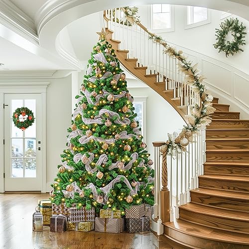 Vista 74 de Yaheetech - Árbol artificial de Navidad con luces incandescentes de color blanco cálido, con flecos nevados, 2084 ramas, 900 luces y soporte Verde