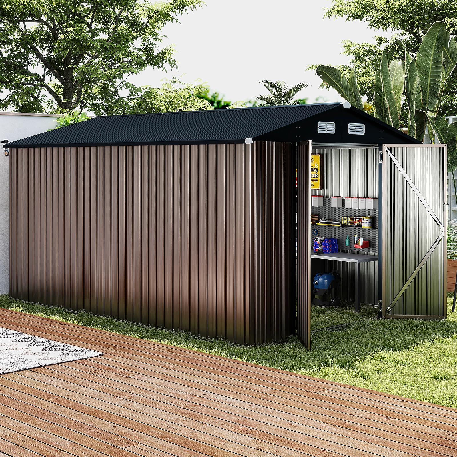 COSTWAY Abri de Jardin Métal 7.8 m², Toit Double Pente, Double Porte Verrouillable avec Clé, 4 Aérations, Cabane de Jardin Exterieur pour Vélo, Poubelle, Outil, Anthracite (7.8 m²)