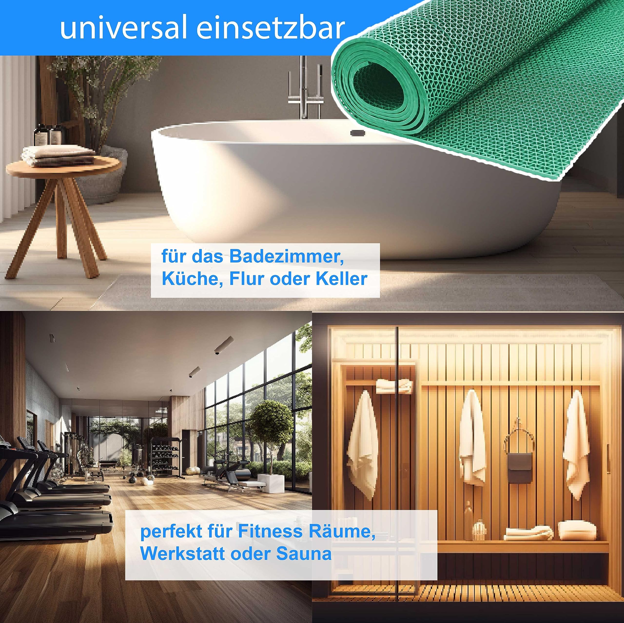 Bodenmatte in 4 Farben Saunaläufer Duschmatte Antirutschmatte Meterware 90 und 120 cm (90cm Grün)