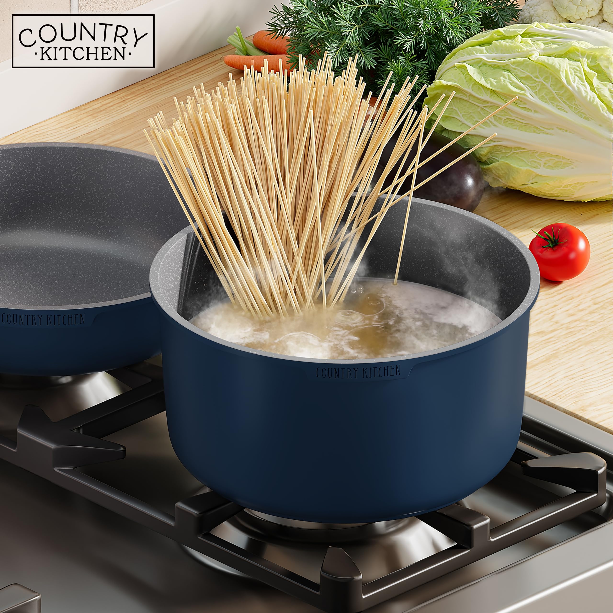 Country Kitchen 16-częściowy zestaw garnków i patelni – bezpieczne nieprzywierające naczynia kuchenne z miękkim w dotyku zdejmowanym uchwytem, zestaw naczyń do kampera, nadaje się do piekarnika