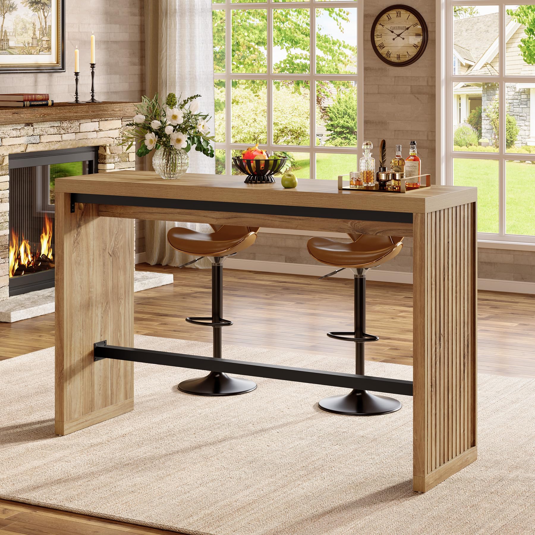 Tribesigns Bartisch, 140 cm Thekenhöhe, Kneipentisch mit Metall-Fußstütze, Rechteckig, Hohe Theke, Esszimmermöbel für Zuhause, Bar, Küche, Esszimmer, Bistro, Wohnzimmer, Rustikales Braun