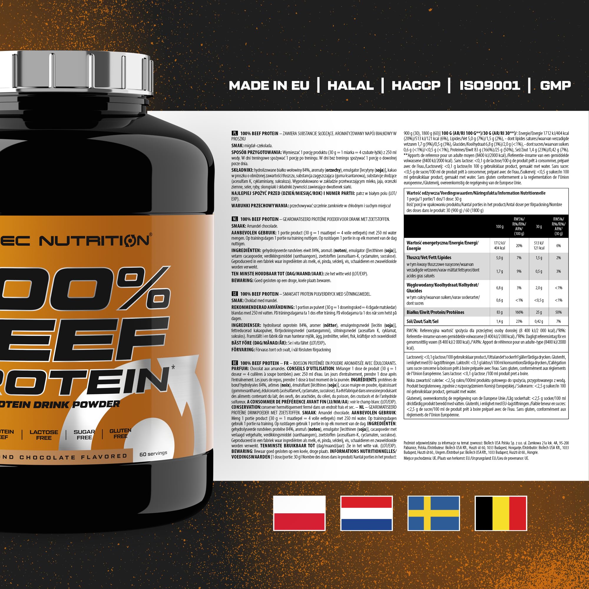 Scitec Nutrition 100% Beef Protein - Aromatyzowany napój białkowy w proszku - Bez laktozy, Bez cukru, Bezglutenowy, 1,8 kg, Migdał-Czekolada