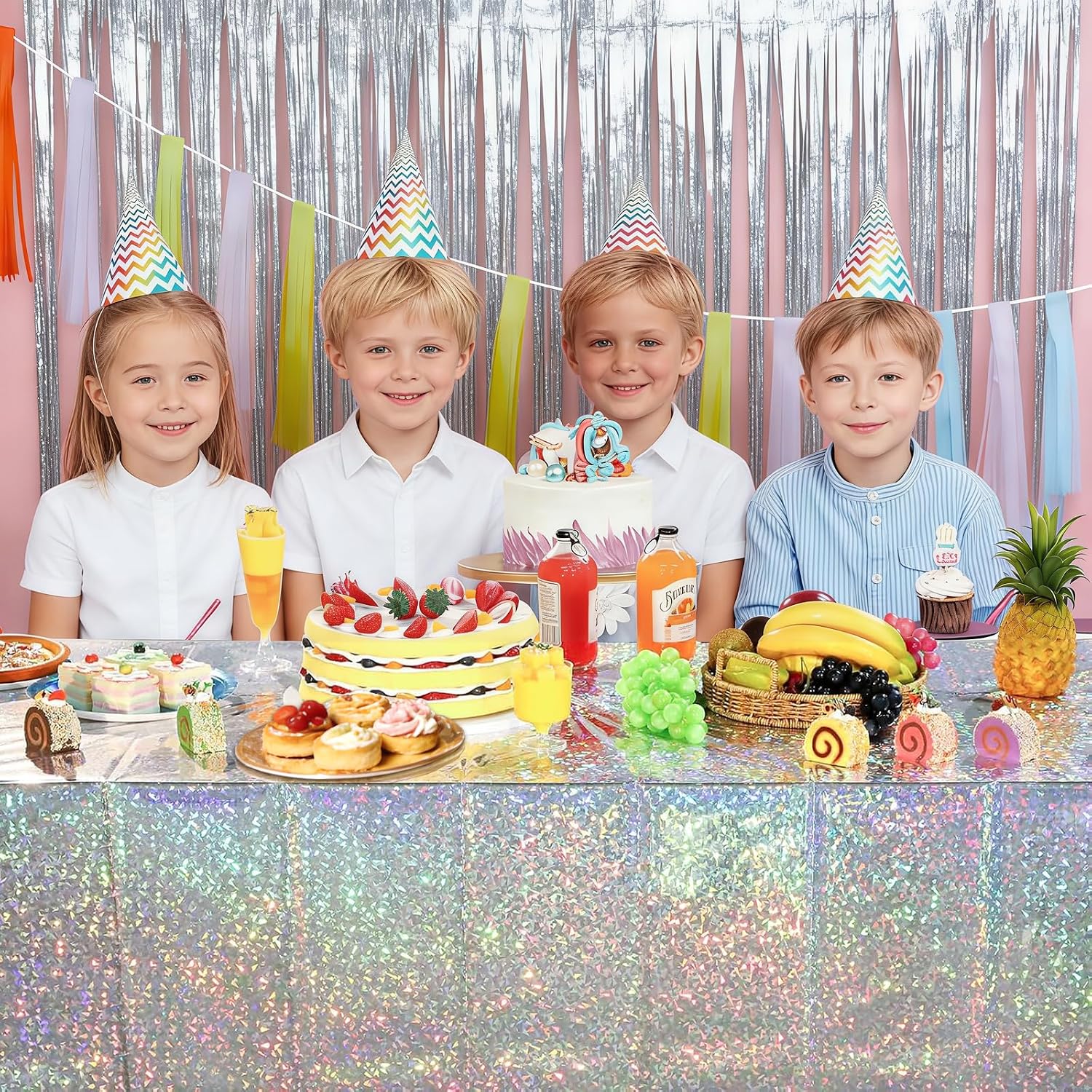 OQOQ Holographic Silver Tablecloth (2 Packs), 108x54 Inches Shimmer Shining Table Cloth Plastic Disposable Table Cover for Birthday Girls Kpop Music Party Supplies Backdrop Decorations