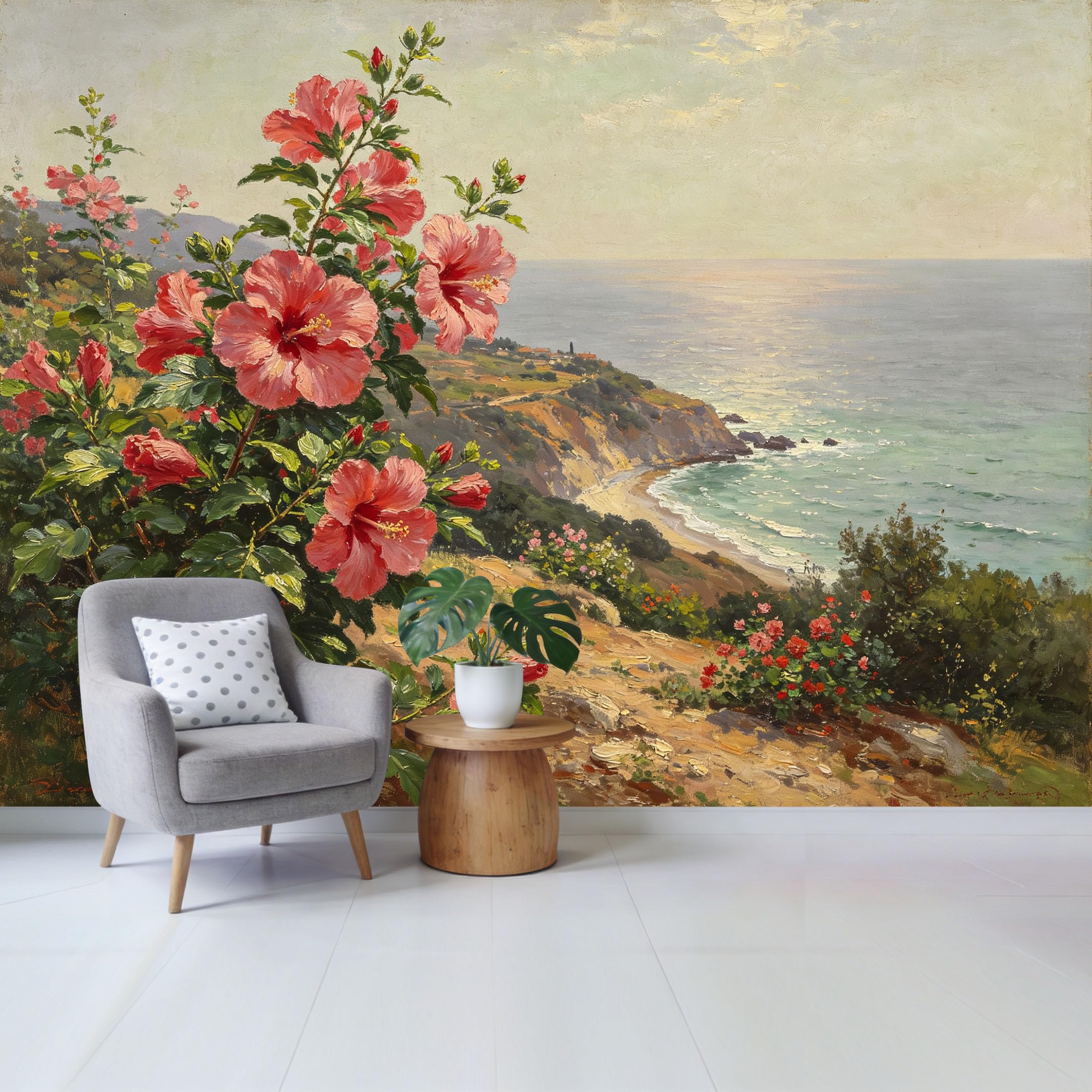 Custom Size Wall Mural Tropical Hibiscus Flower Coastal Cliff Ocean View Oil Painting SelfAdhesive Wall Fabric Removable Wallpaper for Home Office Decor