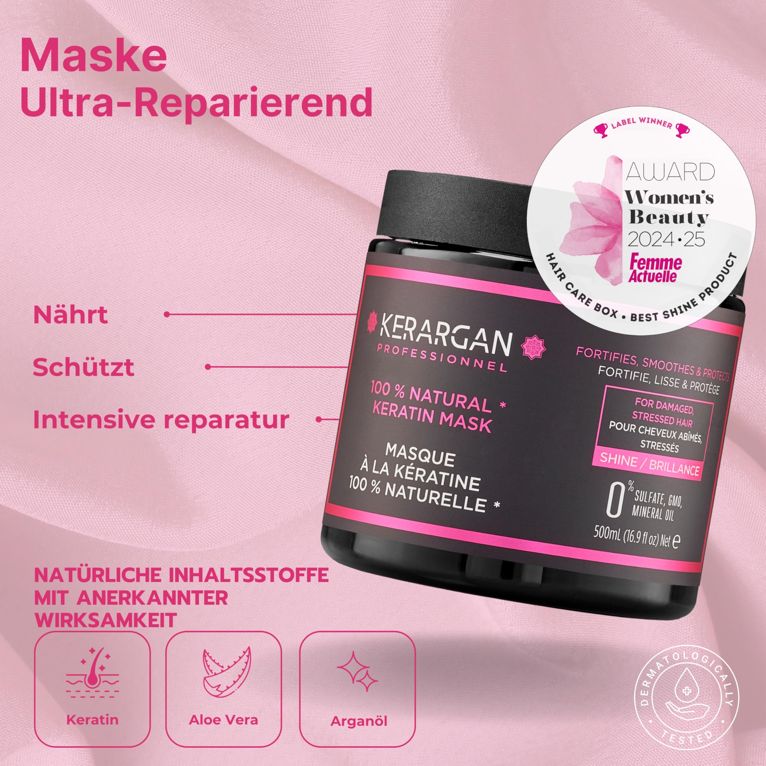 Kerargan - Duo Ultra Reparatur Shampoo & Maske mit Keratin für strapazierte und gestresste Haare - Nährt, Glättet & Schützt - Ohne Sulfate, GVO, Silikone - 2x500 ml | Shampoo und Haarmaske reinigen und reparieren geschädigtes oder strapaziertes Haar inten