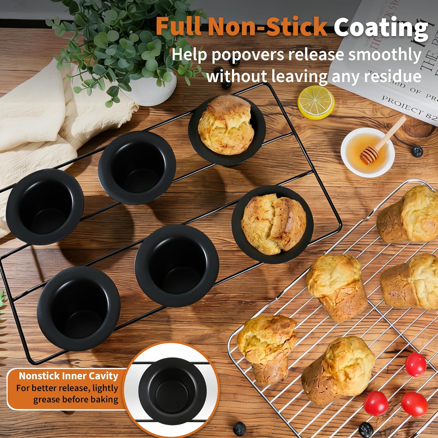 Nonstick Popover Pans, 2Pack Popover Baking Pans with Cooling Rack, 12-Cavity Pop Over & Yorkshire Pudding Pan, Individual Cups for Even Heating, Versatile for Cupcakes, Muffins, Brioche, Carbon Steel