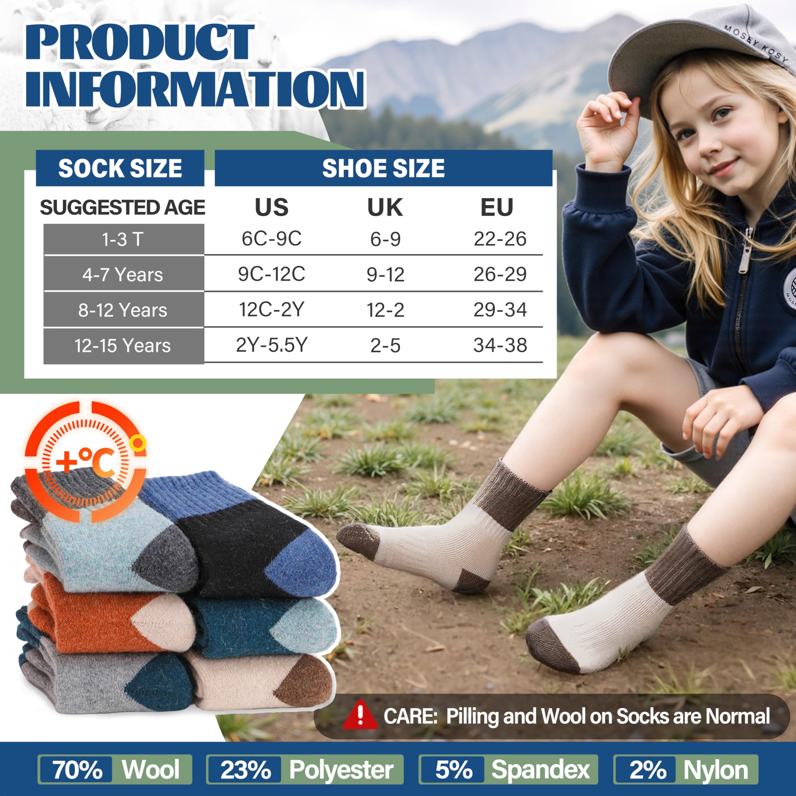 MOSEY KOSY 6 Pares Calcetines Niños Lana Merino para Caminar Chicos Chicas Bebés Invierno Térmicos Gruesos Abrigados Acolchados Calcetines Crew para Senderismo