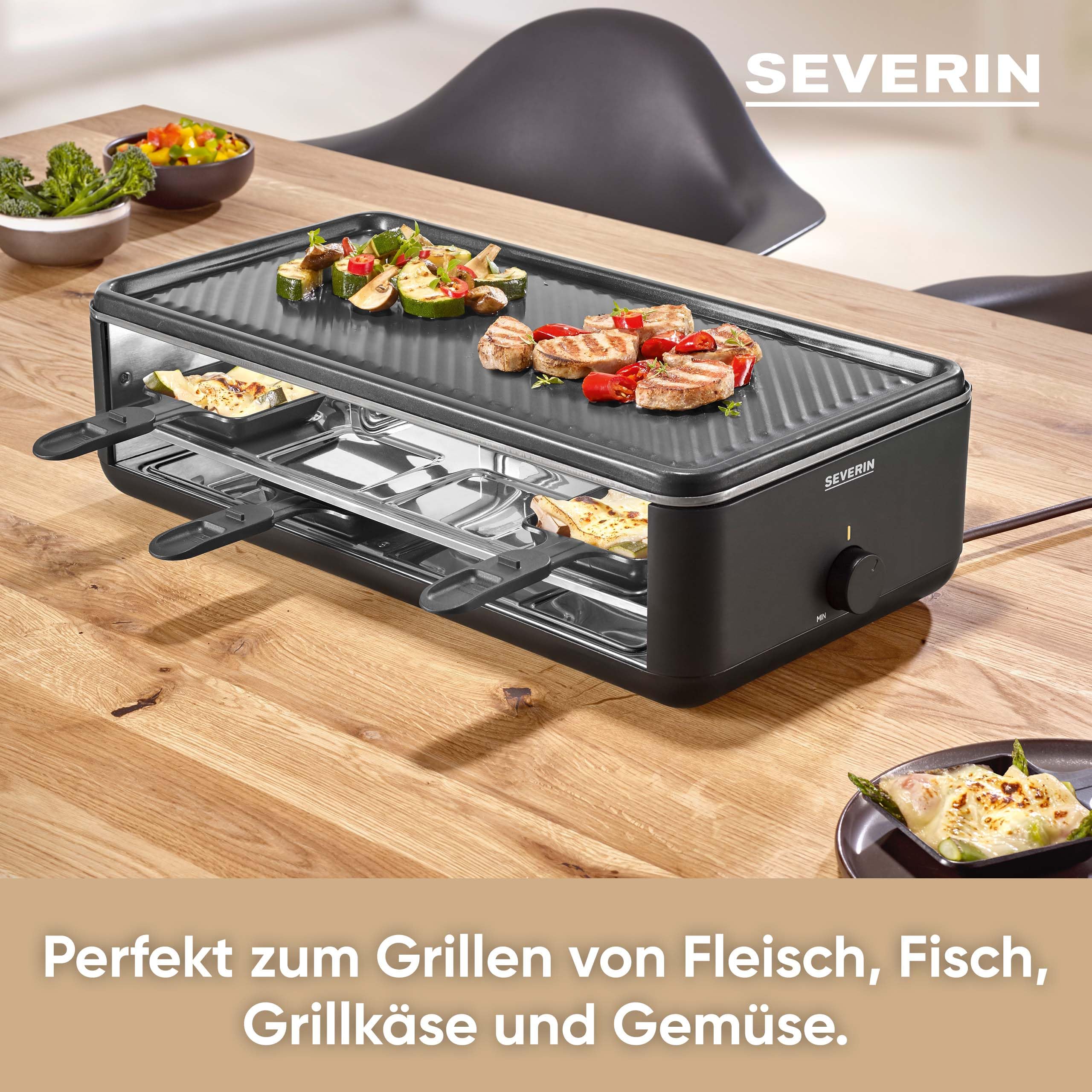 SEVERIN Raclette-Grill RG 2365 für 8 Personen, antihaftbeschichtete Grillplatte, spülmaschinengeeignet, Black Line Lite