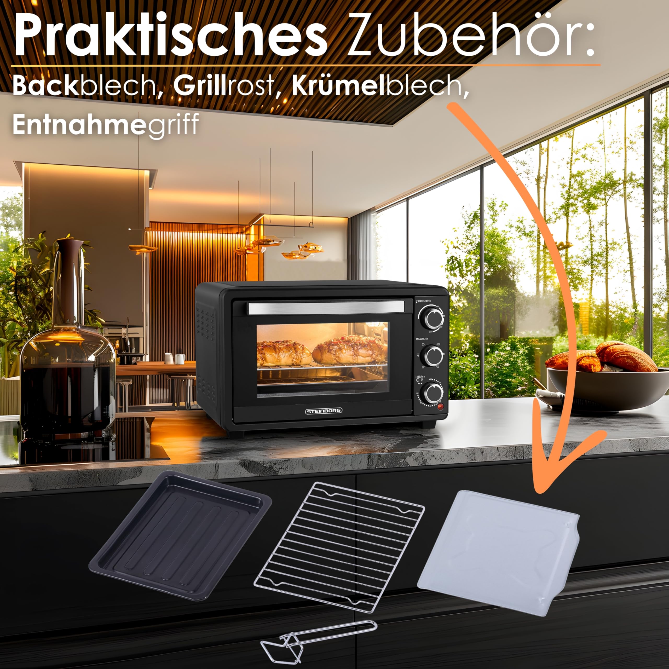 Steinborg Mini Backofen mit Umluft 25 Liter Elektrischer Pizzaofen Minibackofen Miniofen 3in1 Backofen Krümelblech Ober-/Unterhitze Energiesparend 100-230°C 60 Min Timer