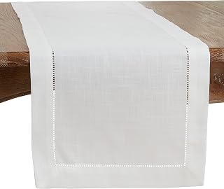 SARO LIFESTYLE Classic Hemstitch Table Runner - Elegant Everyday Table Runner with Textured Fabric and Hemstitched Border for Dining Tables and Formal Entertaining, 16"x54", Ivory