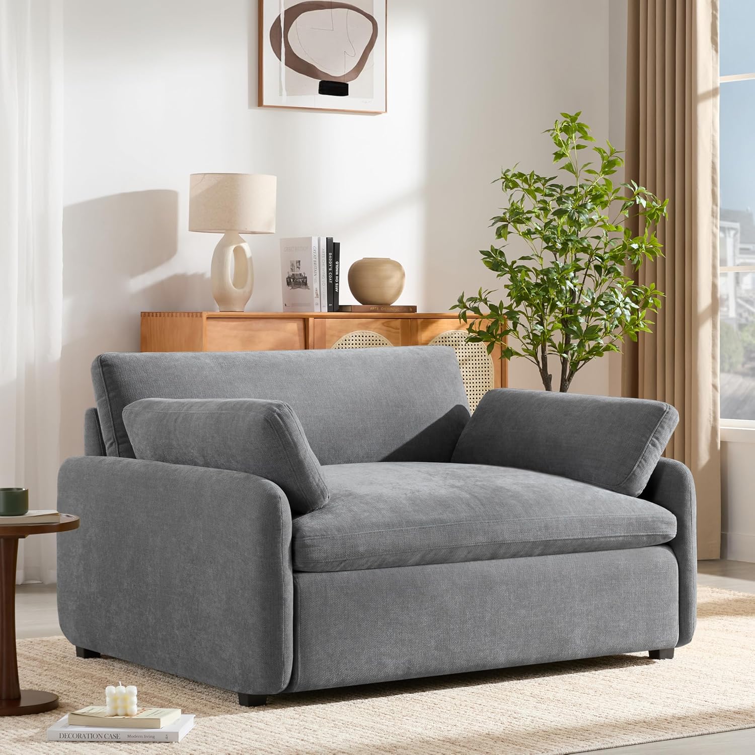 50*43" Oversized Chenille Single Sofa Chair, Wide and Deep Seat Accent Chair, Modern Upholstered Comfy Armchair, Color Blocking Couch Lounge with Pillows for Living Room,Apartment,Bedroom, Gray