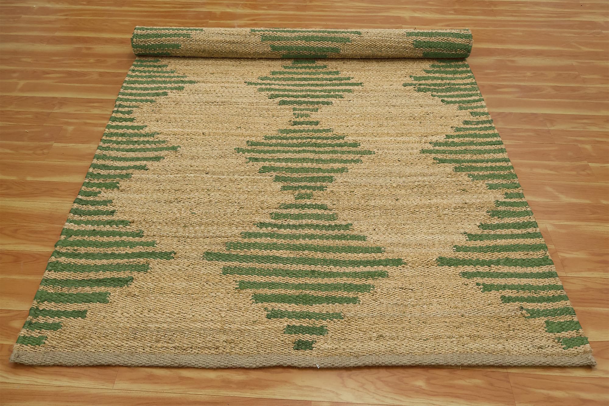 Tappeto pesante intrecciato a mano in iuta, 10 x 17 cm, design geometrico naturale verde e beige, resistente, per interni ed esterni, ideale per camera da letto, sala da pranzo e soggiorno