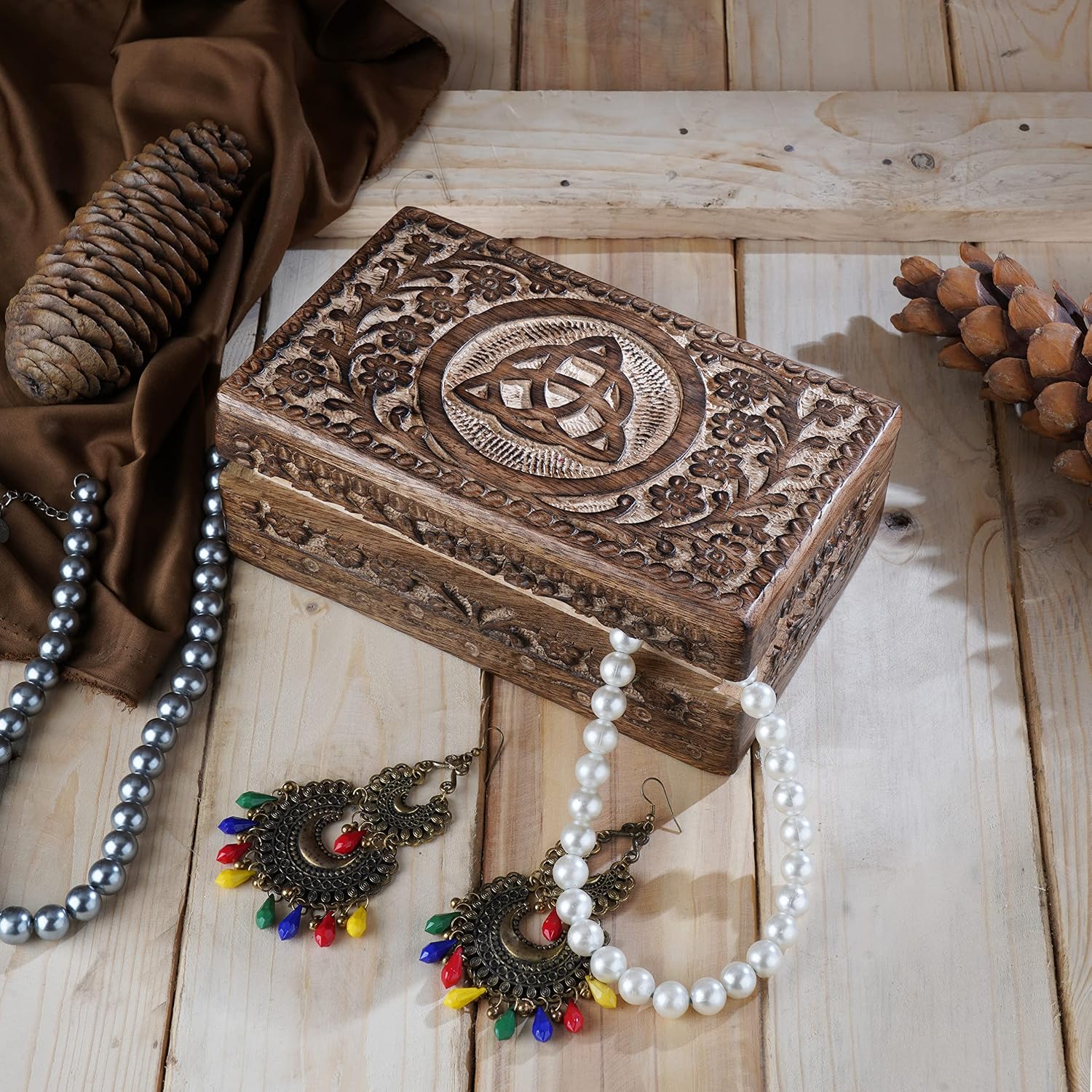 Ajuny Wooden Hand Carved Decorative Jewelry Box Trinity Knot Carvings Vintage Keepsake Storage Organizer Travel Treasure Chest Trinket Holder Case Great Gifts 8x5 Inch image 4