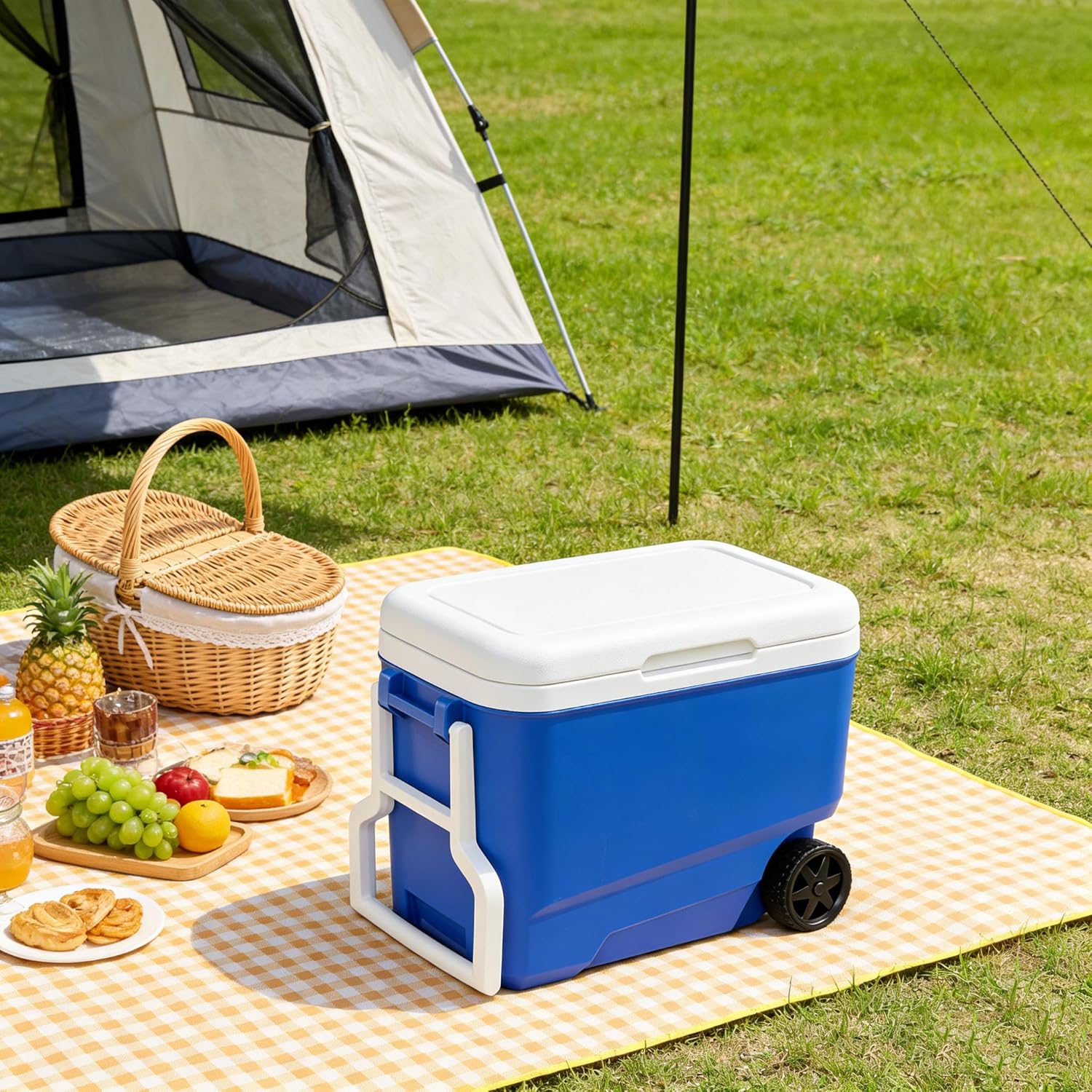 38 Qt Rolling Hard Sided Cooler, Insulated Portable Ice Chest with Tow Handle & Wheels, 53 Can Capacity for Camping, Beach, Picnic, Travel, Fishing & Outdoor Sports, Blue