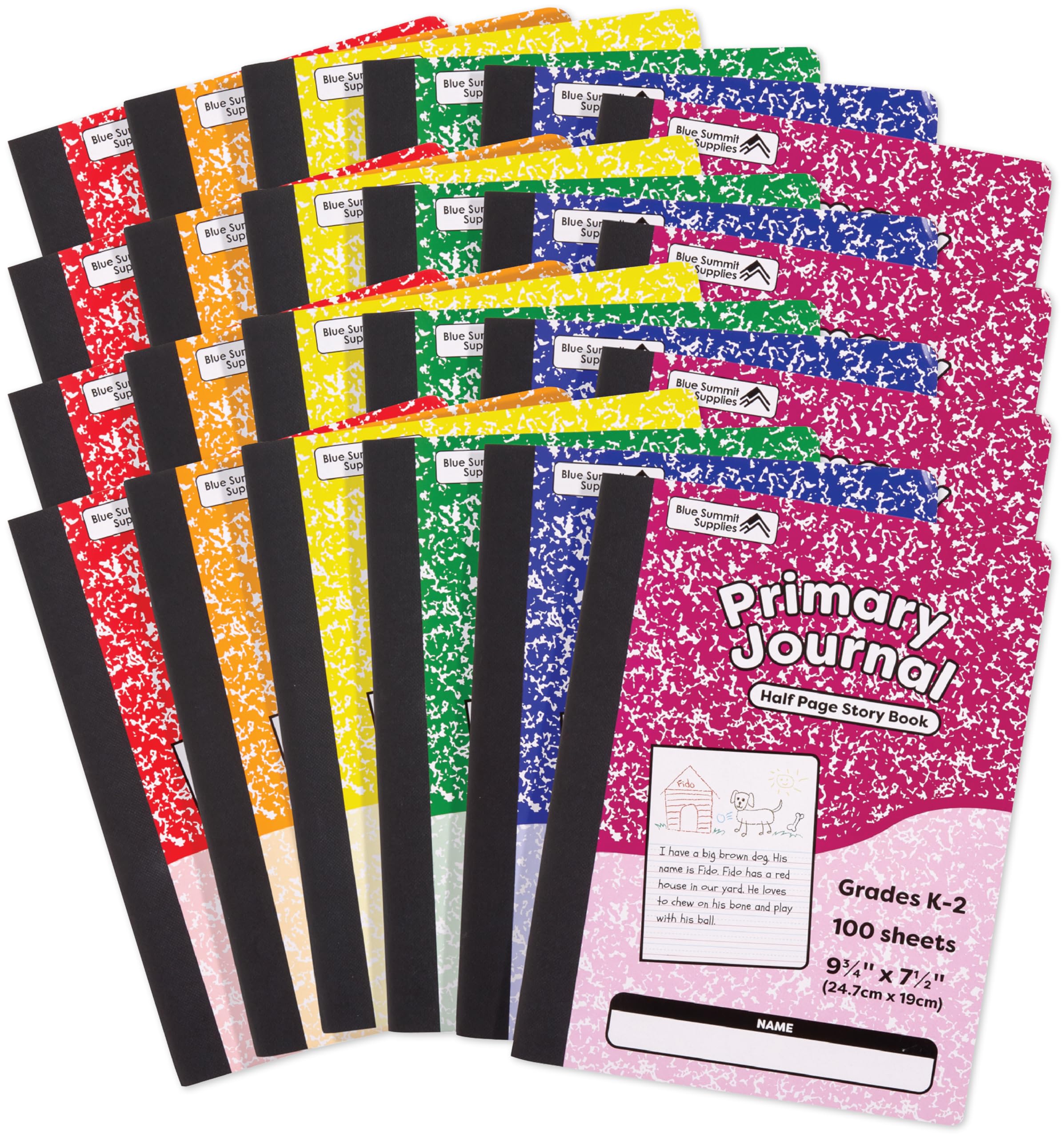 Blue Summit Lot de 24 carnets d'écriture pour enfants, bloc-notes de composition primaire K-2, carnet de maternelle pour apprendre à écrire, 100 feuilles, couleurs assorties