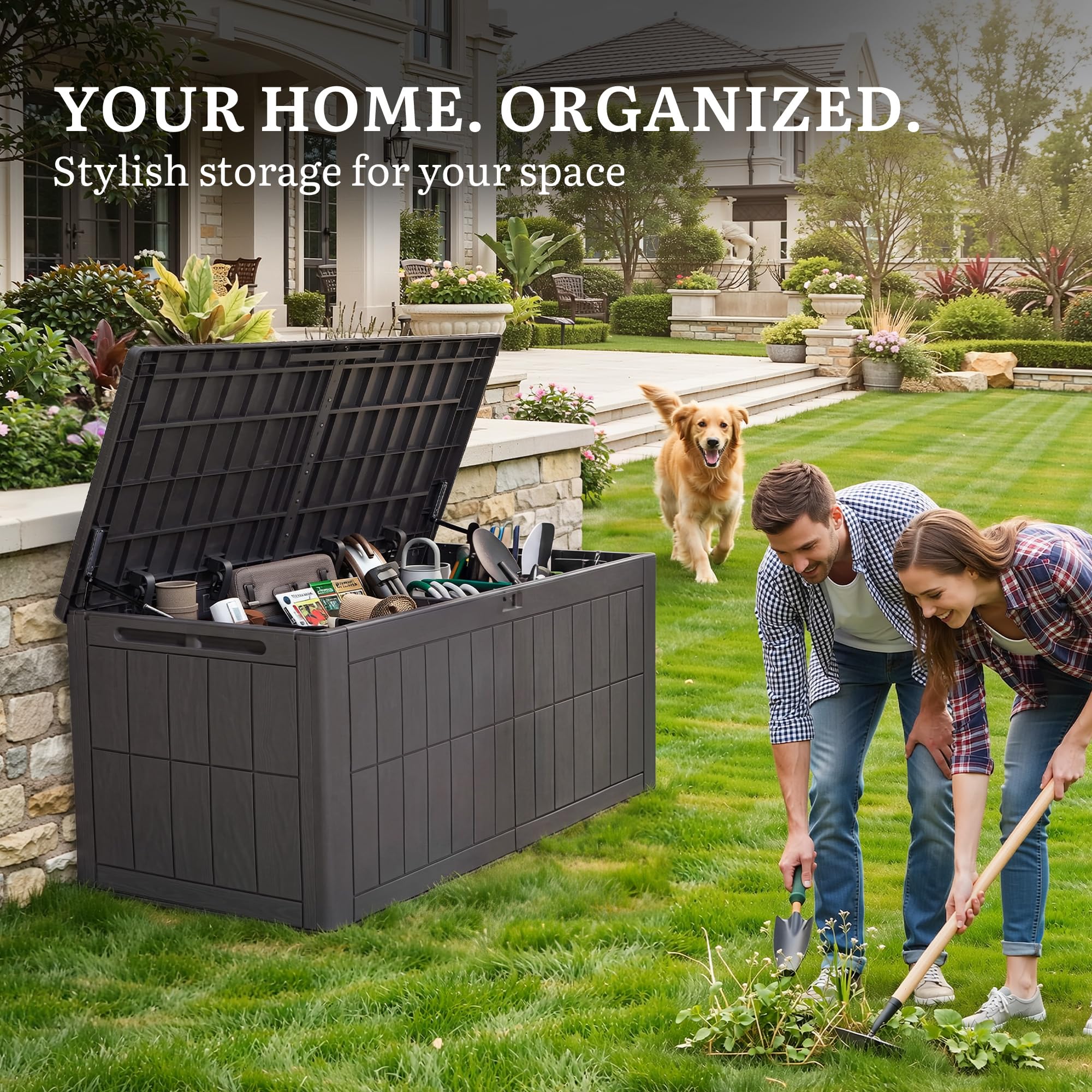 YITAHOME Caja de 450 l resistente al agua, gran caja de jardín con cerradura y muelle de gas, caja de cojín con función de asiento hasta 200 kg, resistente a la intemperie, resistente a los rayos UV y