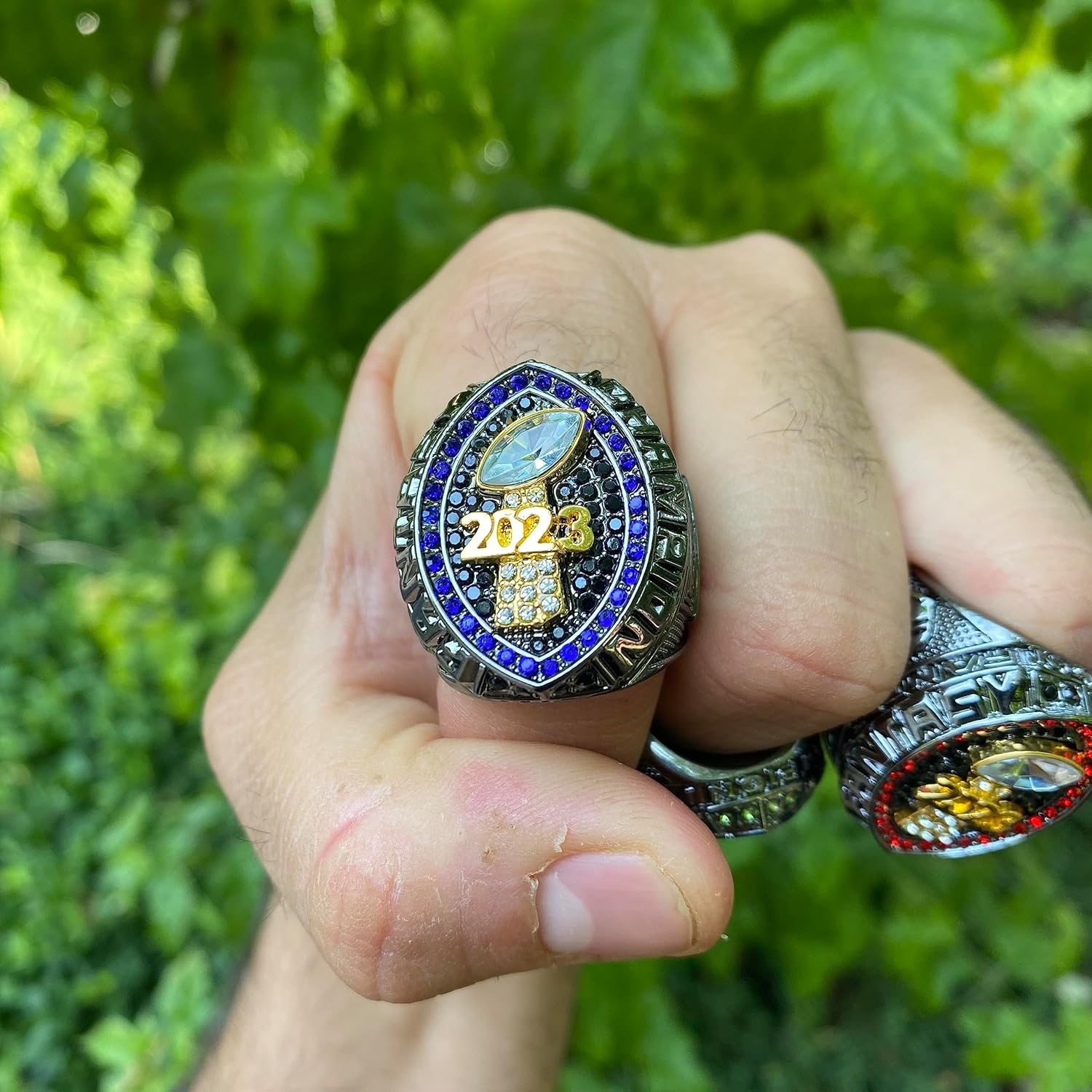 2023 Fantasy Football Championship Trophy Ring | Black Gunmetal Plated Award for Fantasy Football League Winner | Color Stones