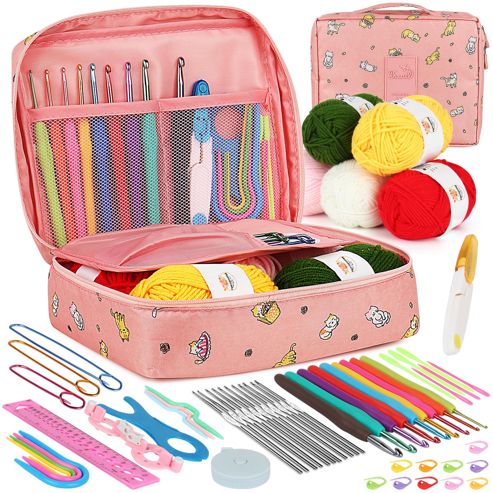 Aeelike 59 Stück Häkelnadel Set Rosa Katze Häkelset für Anfänger, Bunte Häkelnadeln mit Weichem Griff für Häkelgarn und wolle, 0,6 mm - 6,0 mm Ergonomische Häkelnadeln Set mit Häkeltasche, Zubehör