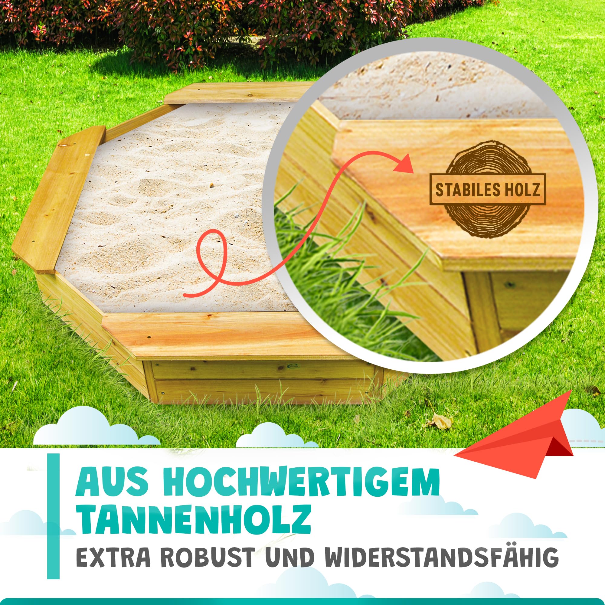 6-eckiger Sandkasten Sally Holz Braun inkl schwarzer Bodenplane 125x125x20 cm Sandkiste 4 Sitzbretter
