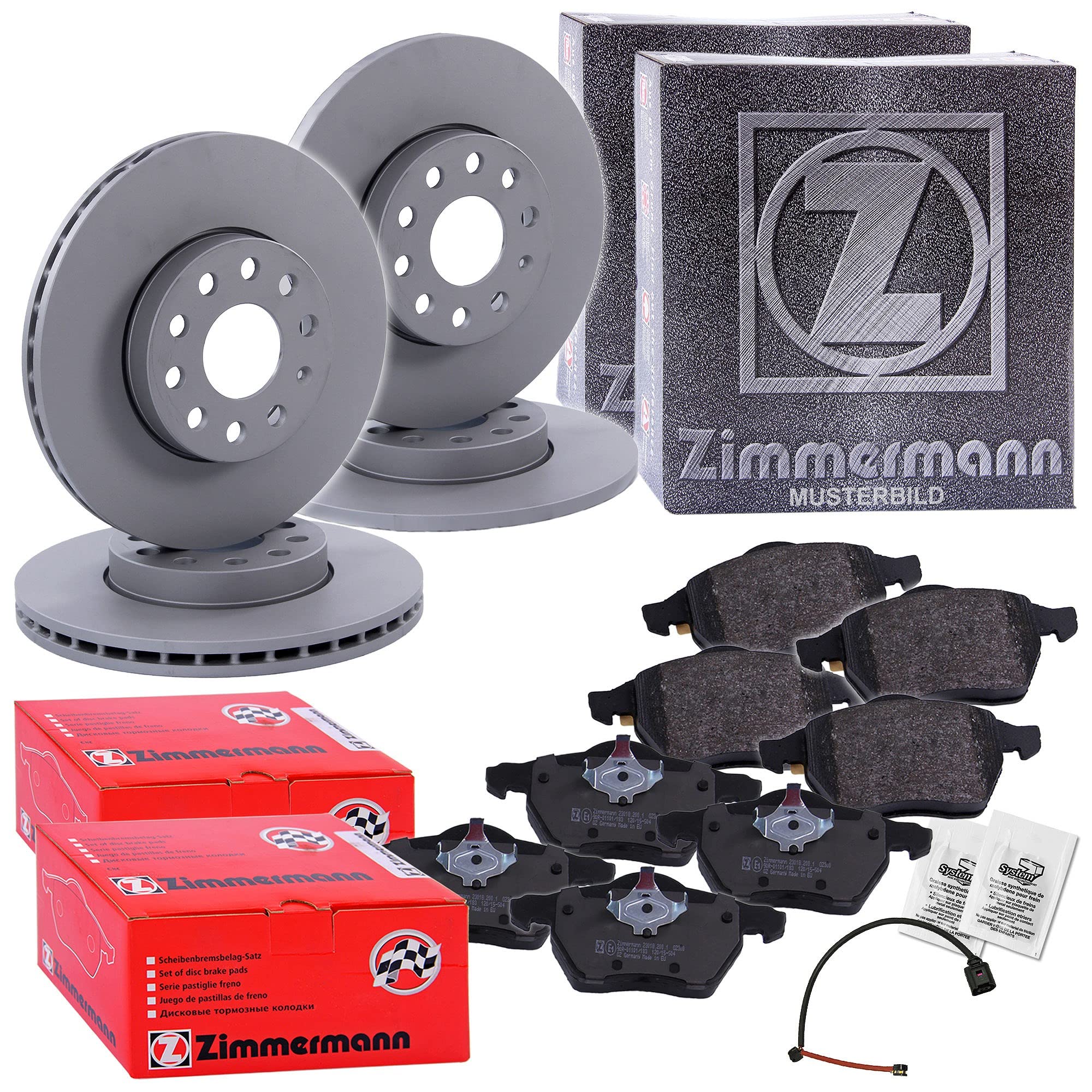 ZIMMERMANN Set freni incl dischi freno anteriori ventilati Ø312 mm + posteriori pieni Ø255 mm e pastiglie freno anteriori e posteriori + contatto di usura Compatibile con AUDI A4 B6 Cabrio (8H7), A4 B