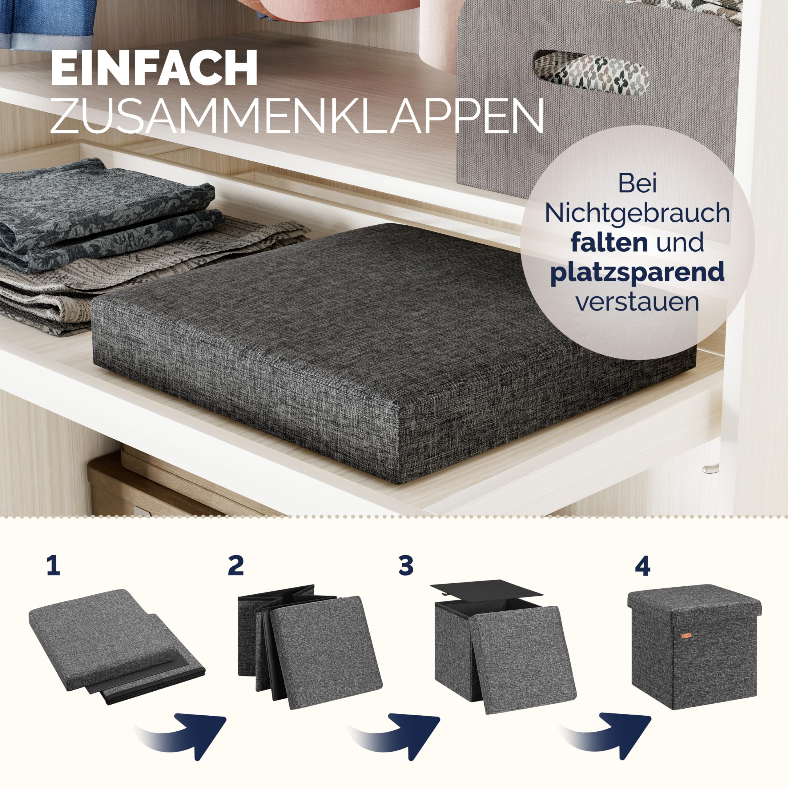 CASARIA® Vierkant Opbergbankje Kunstleer 40x40x40cm 40l Inklapbaar Opbergbox Zitbankje Poef Voetenbank Zwart