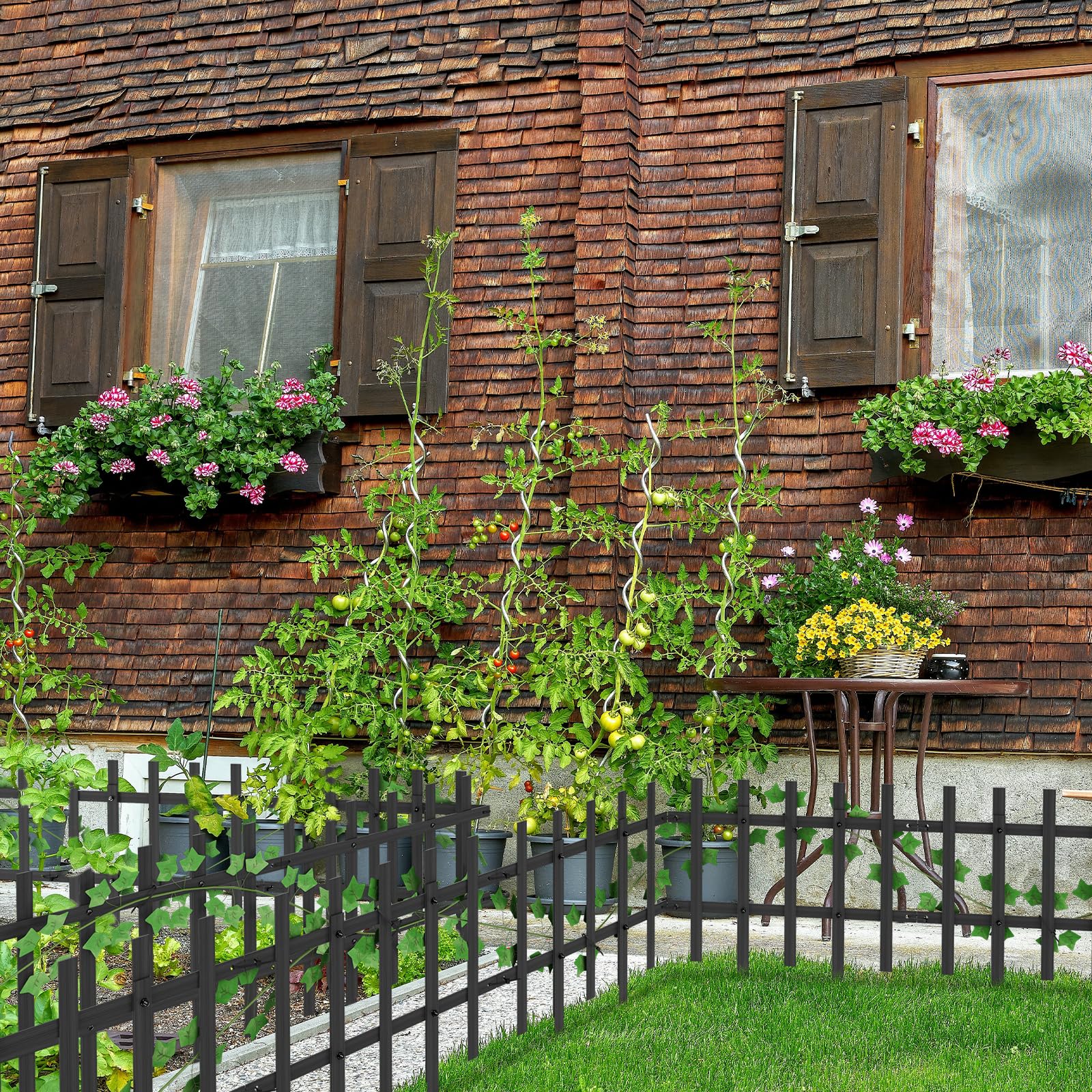 Bamboo Garden Fence 18.1(H) x13.8ft, 10 Panels Garden Edging Decorative Border Fence Animal Barrier for Dog + 2 Sweet Potato Leaves, Decorations Wood Fence for Yard Flower Bed Patio Outdoor(Black)