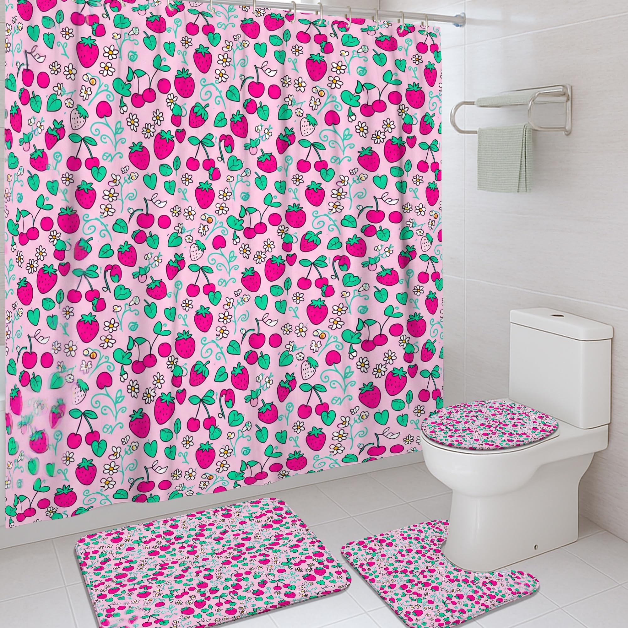 Rideau de douche fraise 183 cm lavable avec tapis de bain et crochets déco de douche