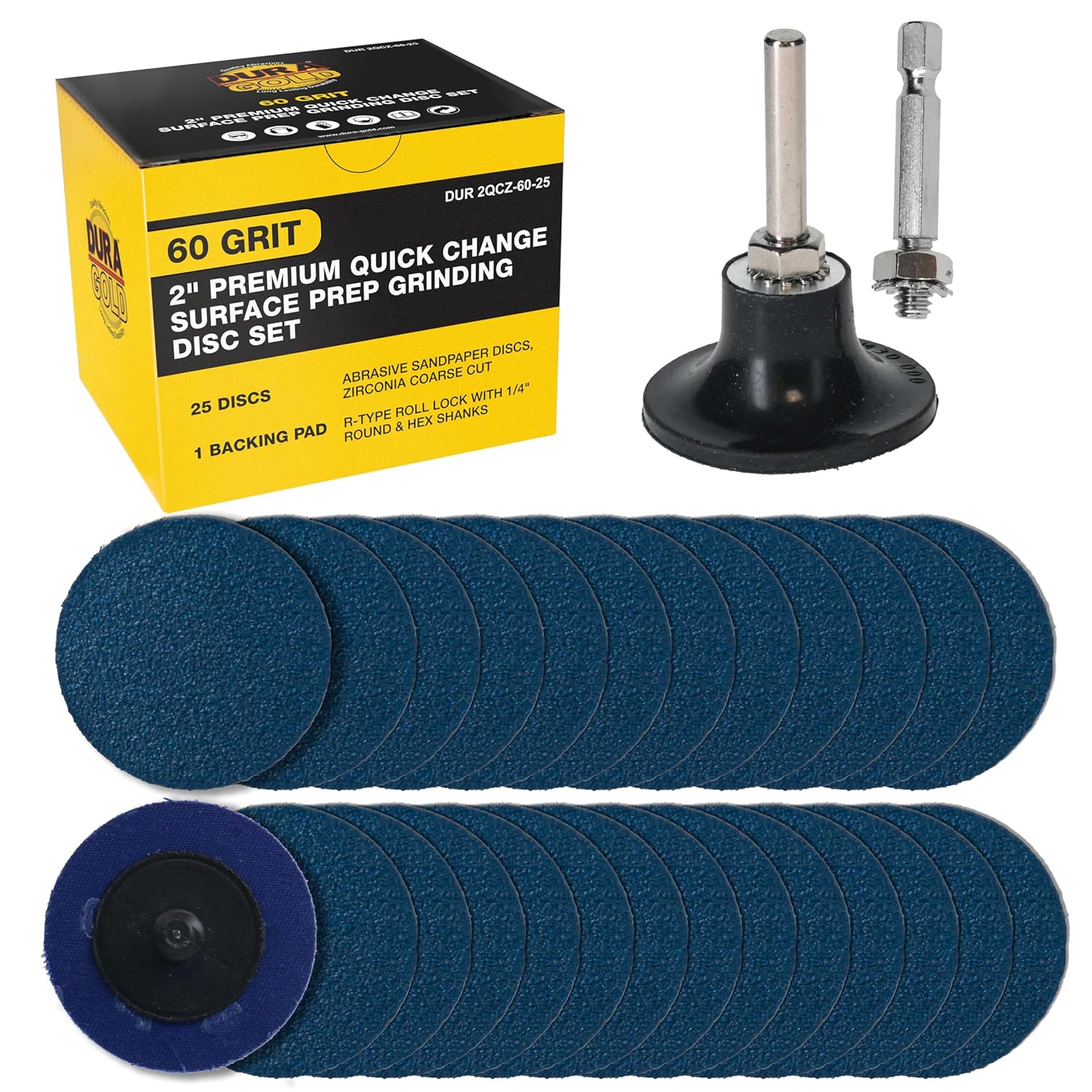 Dura-Gold 2 Inch Grinding Discs, 60 Grit (25 Disc Set) with R-Type Roll Lock Adapter & Backing Pad - Quick Change Zirconia Coarse Cut Sanding Discs for Auto, Wood, Metal, Rust, Oxidation, Welds