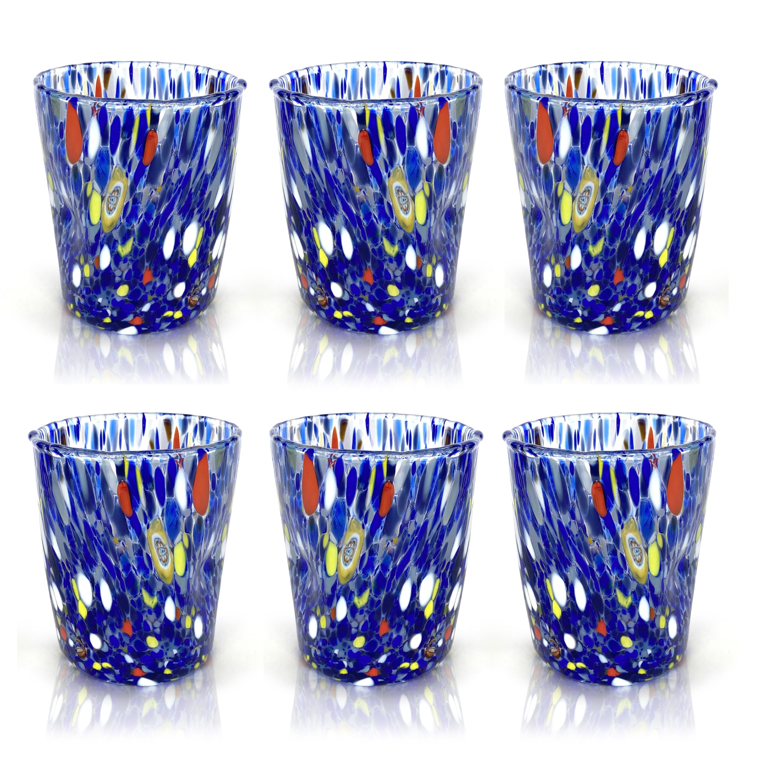 MAZZEGA ART & DESIGN - 6 Goto Tumbler Glasses in Glass Blown and Hand-Crafted with Murrine Murano - I Colori di Murano - Water Tumbler Colombina 350 ml. Made in Italy (6, Blue)