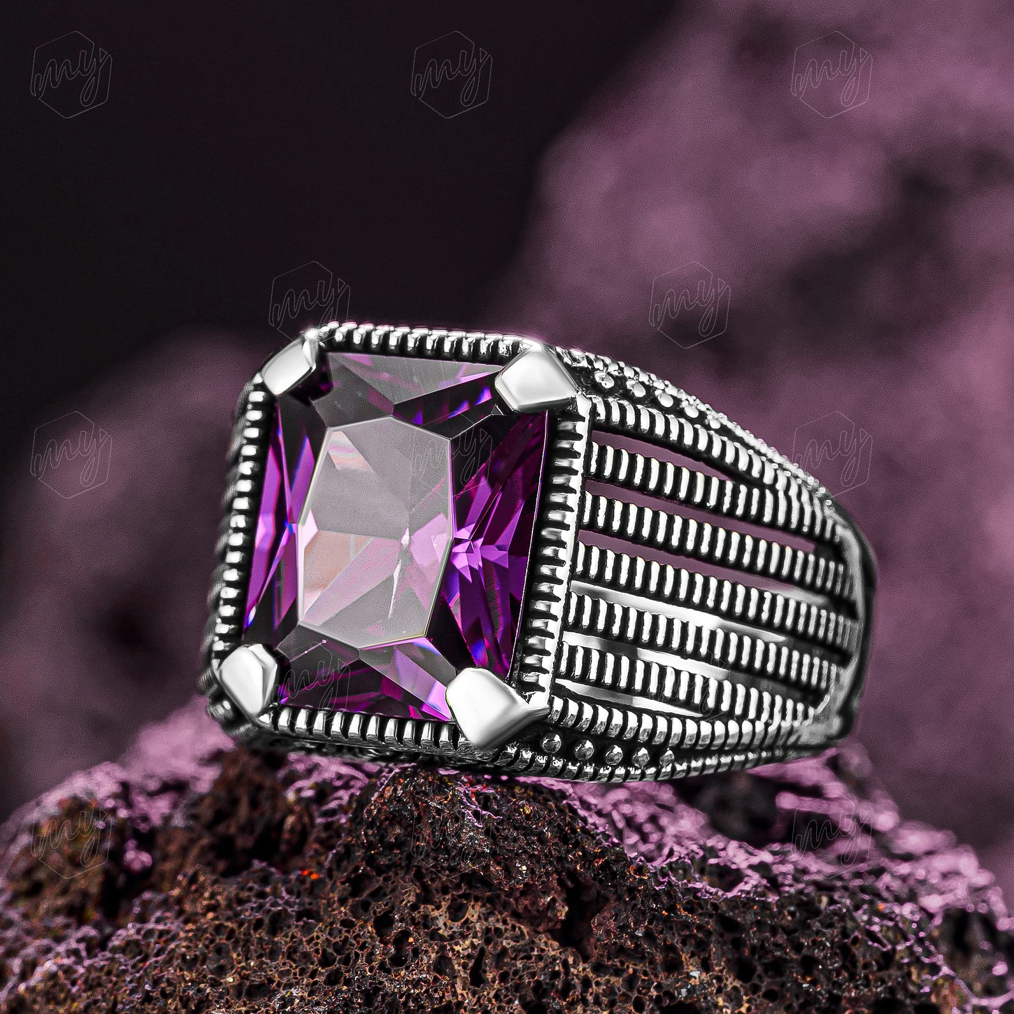 Herren-Ring aus 925er Sterlingsilber, Amethyst-Stein