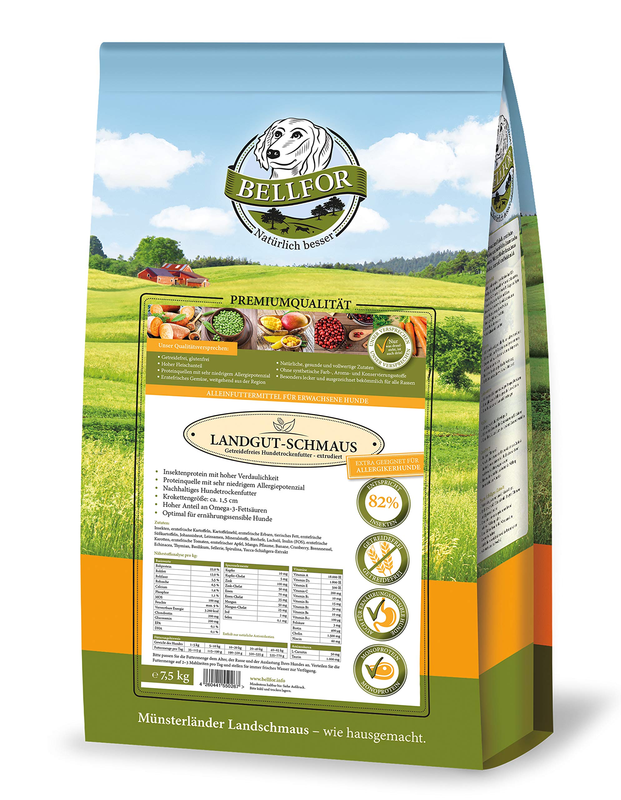 Bellfor Landgut-Schmaus Hypoallergenes Trockenfutter mit Insekten Getreidefrei - 7,5 kg, Hoher Anteil an Omega-3-Fettsäuren, für Hunde mittlerer Größe.
