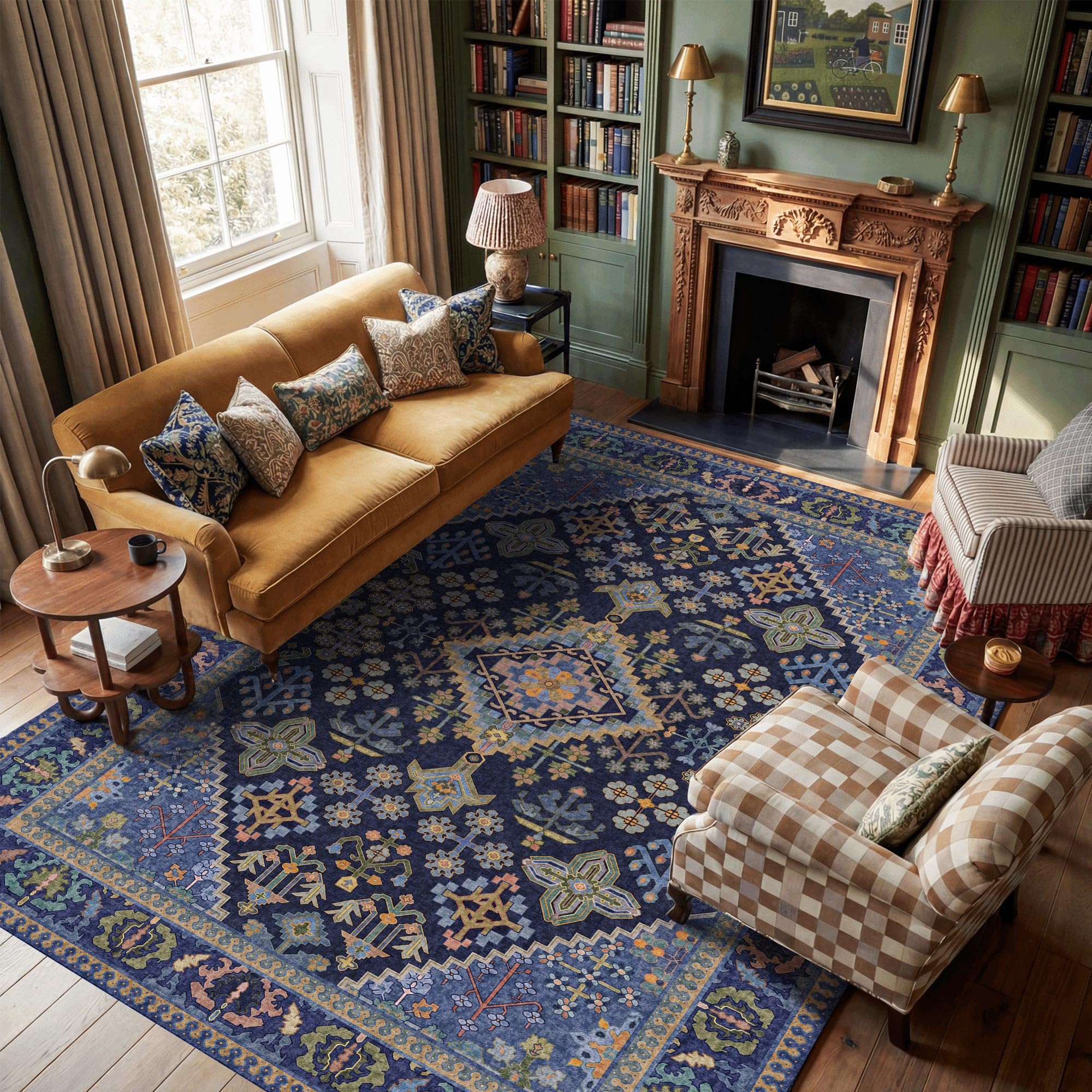 8x10 Boho Machine Washable Low Pile Area Rugs for Living Room Navy Blue