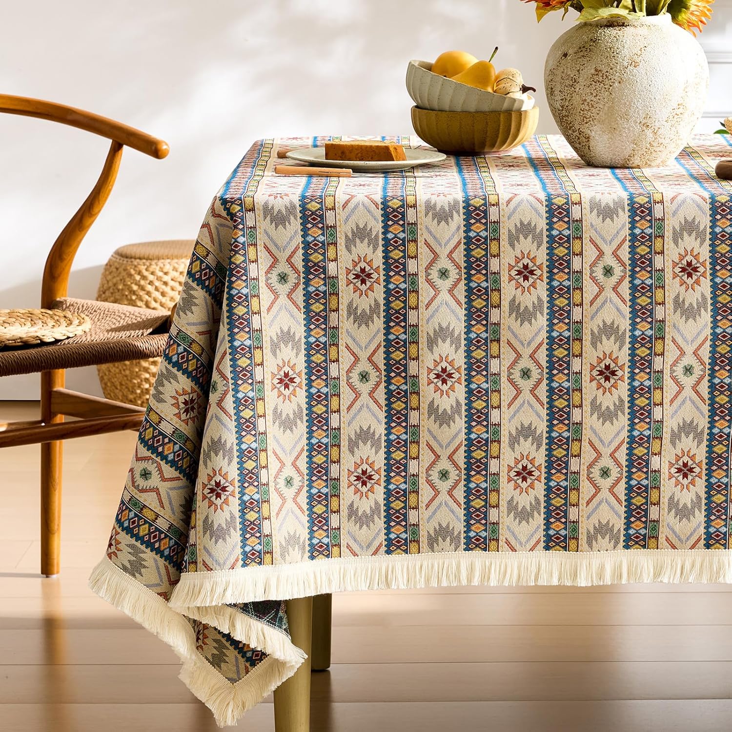 Boho Rectangle Tablecloth Bohemian Geometric Vintage Print Table Cloth with Tassel Farmhouse Rustic French Embroidered Tablecloths Outdoor Table Cover for Kitchen,Dining Room,52 x 70 Inch,Cream