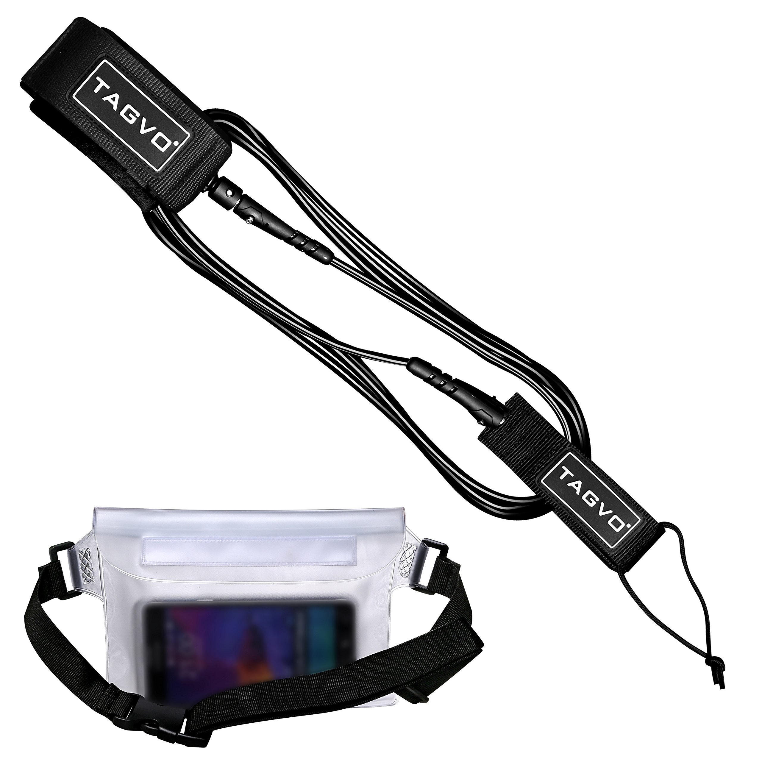 Surfboard SUP Leash with Waterproof Waist Pouch, 7mm High-Strength Cord with Double Stainless Steel Swivels SUP Leash, Comfortable Padded Neoprene Ankle Cuff Surfing Leash