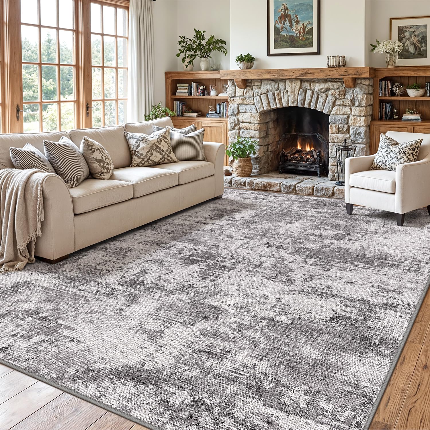 Color&Geometry 5x8 Machine Washable Low Pile Area Rugs for Living Room, Thin Soft Industrial - Neutral Area Carpet with Non Slip TPE Backing for