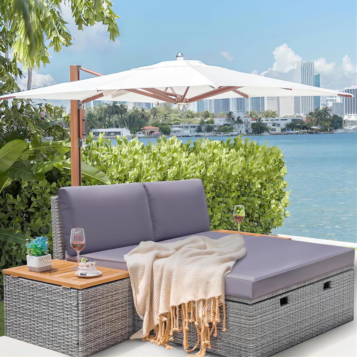Greesum Outdoor Wicker Daybed Set with Storage Bench, Cushions & Side Tables - Multifunctional Patio Lounge Bed for Porch, Lawn, Beach - Gray