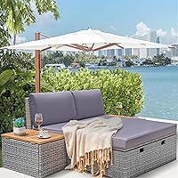 Greesum Outdoor Wicker Daybed Set with Storage Bench, Cushions & Side Tables - Multifunctional Patio Lounge Bed for Porch, Lawn, Beach - Gray