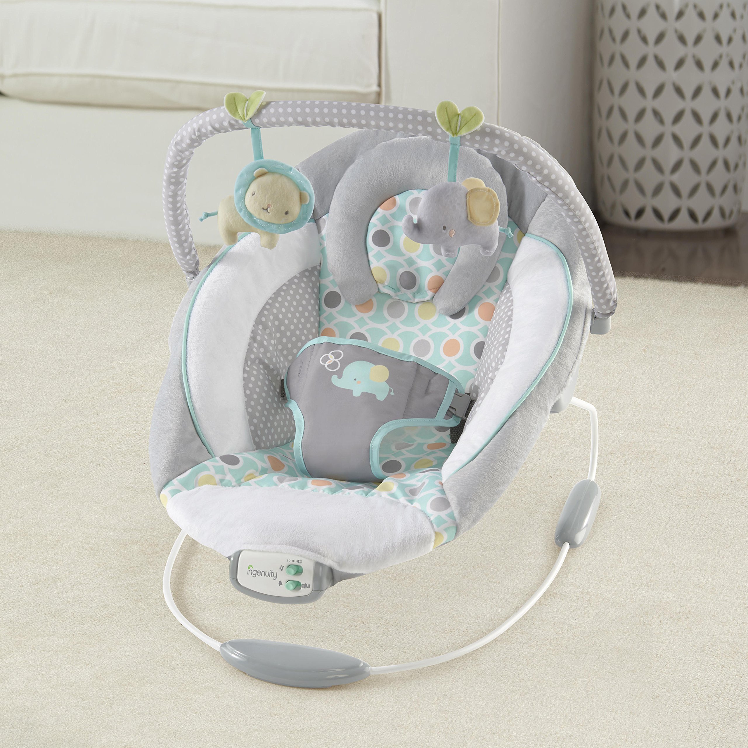 Ingenuity Soothing Baby Bouncer with Vibrating Infant Seat, Music, Removable Toy Bar and 2 Plush Toys - Morrison, 0-6 Months