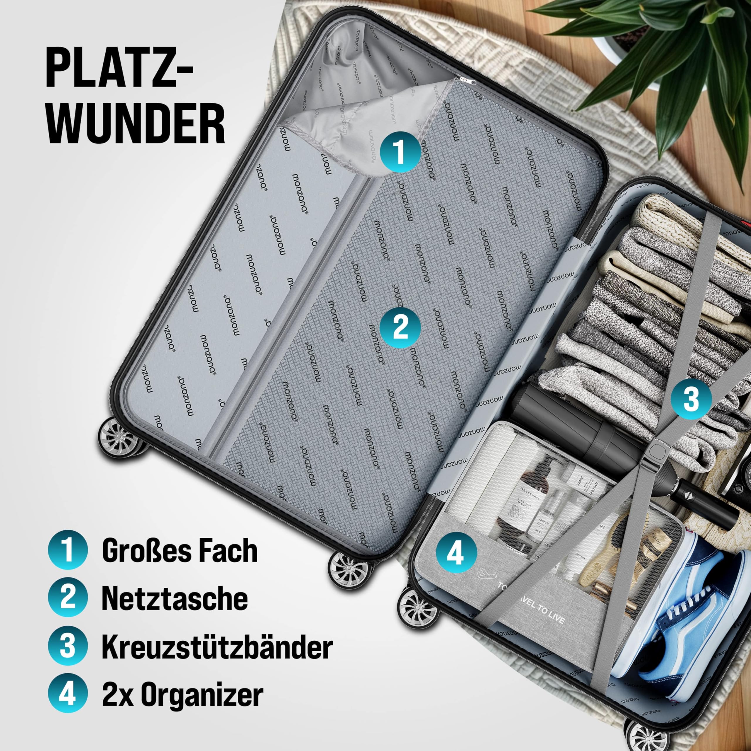 Monzana® 4tlg. Kofferset mit Beautycase, Rose - M-L-XL - inkl. Schloss, Organizer & Kofferwaage - Gurt Gel-Griffe, Zwillingsrollen, Standfüße, Trolley, Reisekoffer, Hartschalenkoffer, Gepäck-Set