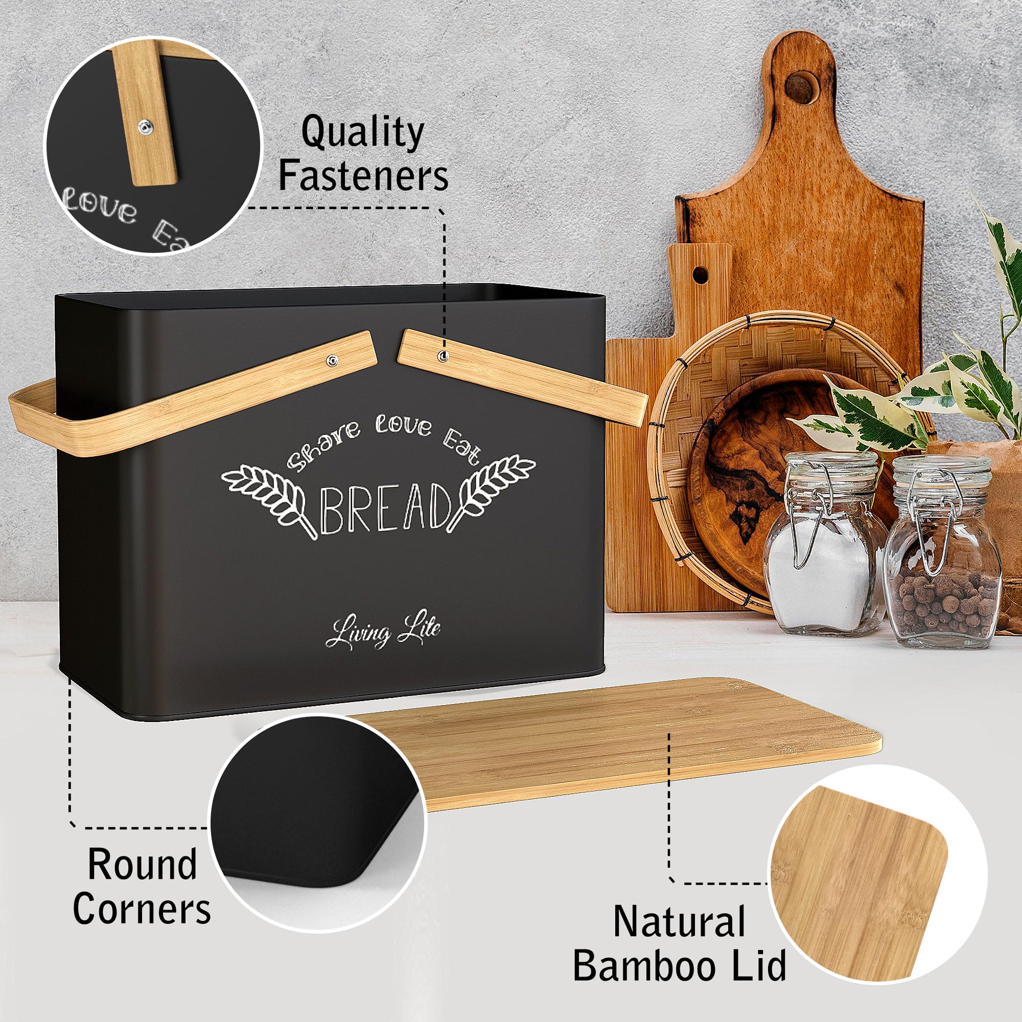 LivingLite – Large Metal Bread Storage Box with Wooden to Keeps Your Bread Fresh – Sturdy Bread Box to Organize Kitchen Countertop – Black (( NOT INCLUDED LID ))