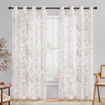 Beauoop Pink Floral Curtains for Bedroom Light Filtering 50x96 2 Panels