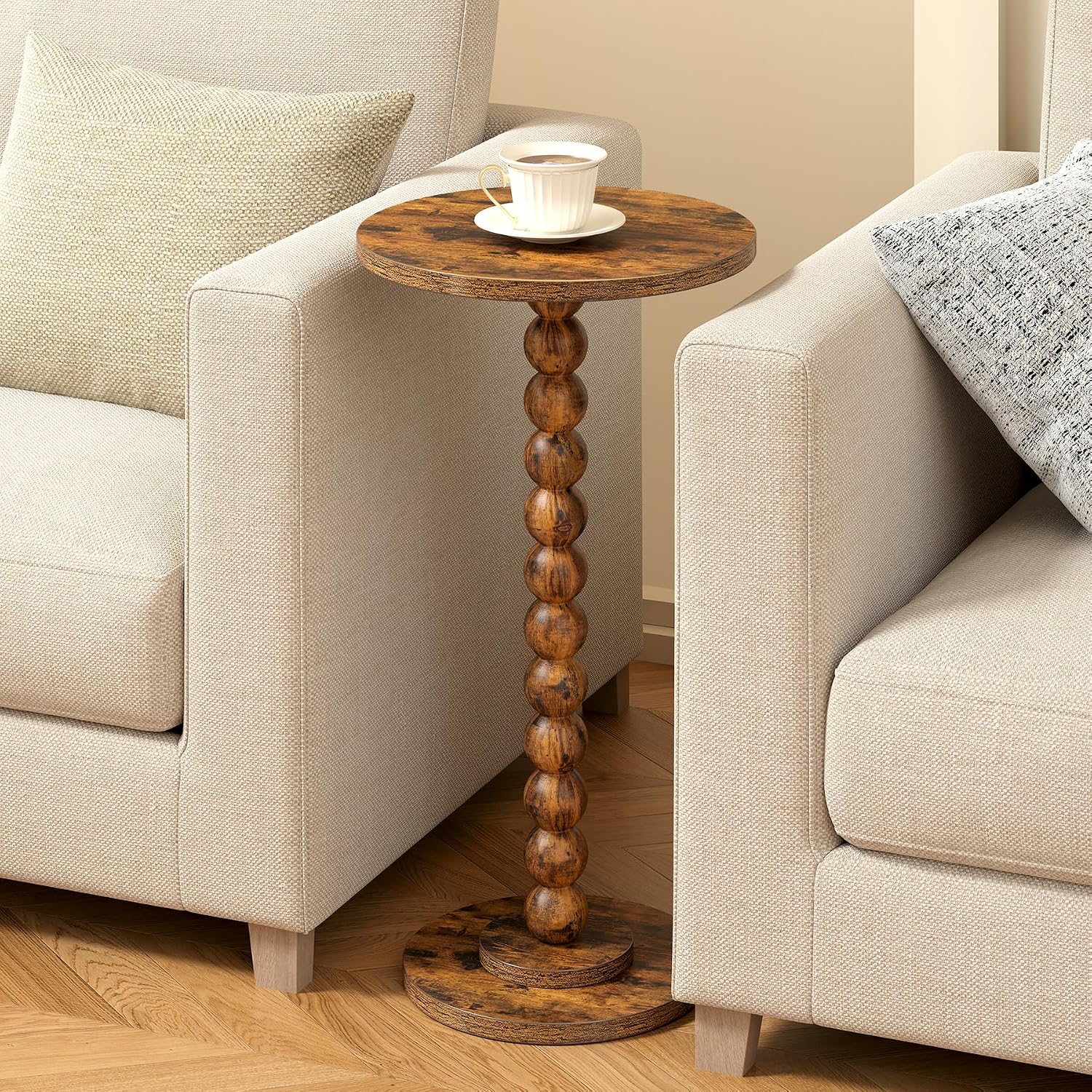 TUTOTAK Round Side Table, Small Drink End Table with Solid Wood Leg