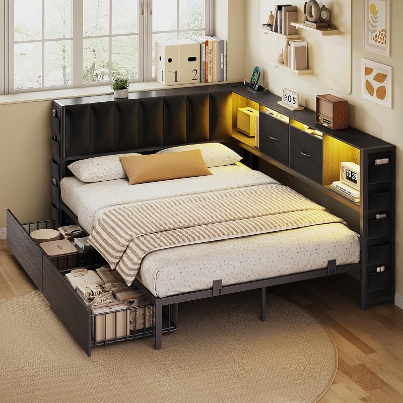 MapleGrace Full Corner Bed Frame with Upholstered Storage Headboard and Drawers, Metal Platform Bed Frame with LED Light and Charging Station, Full Daybed for Living Room, Bedroom & Guest Room, Black image 2