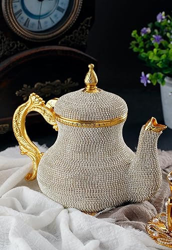 Miniatura 4 de DEMMEX Jarra decorativa dorada hecha a mano, estilo árabe turco marroquí, adornado con cristal, 2.6 libras, 8 x 7 pulgadas, hervidor Zamak